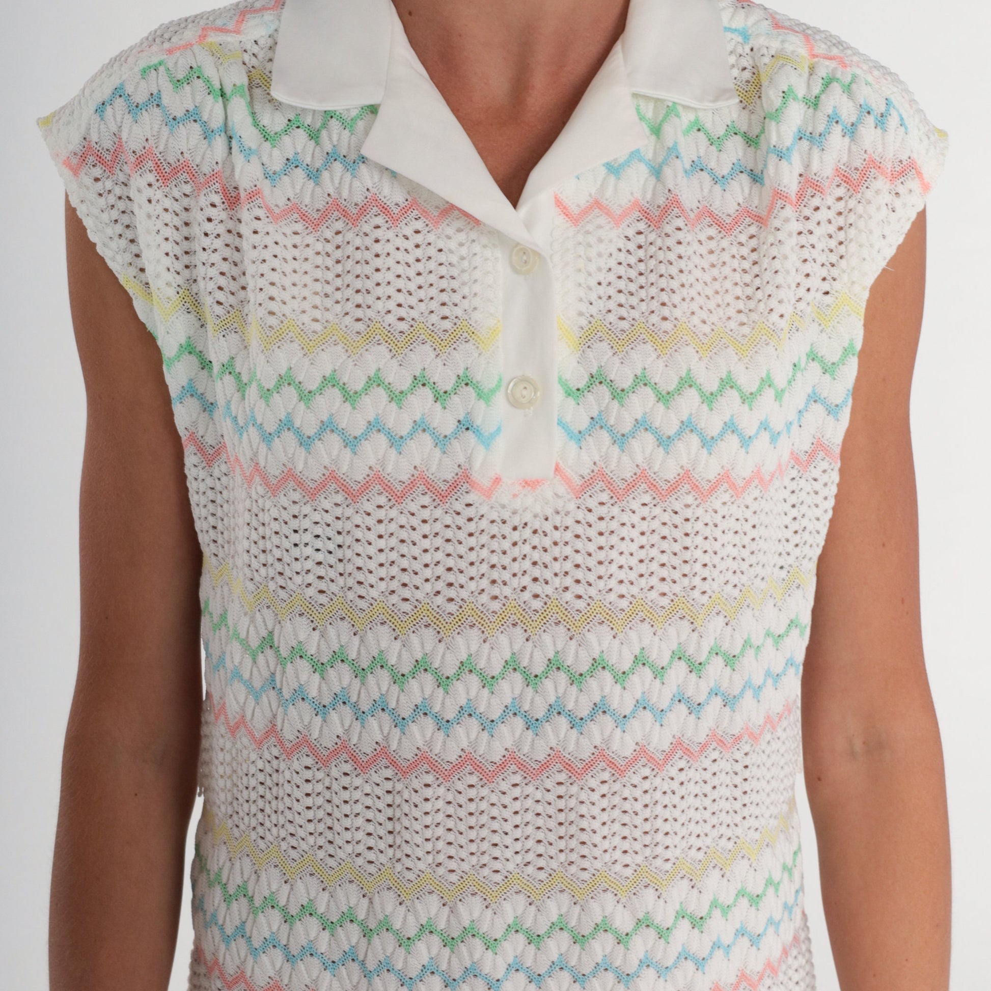 70s White Crochet Midi Dress Pastel Zigzag Striped Collared Cap Sleeve Medium