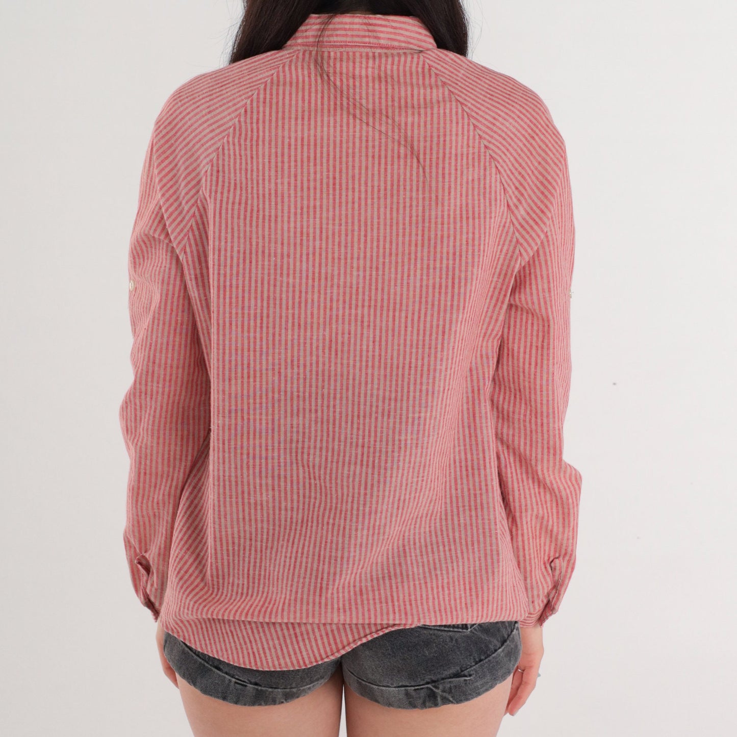 80s Striped Button-Up Blouse Red Tan Raglan Roll-Tab Cuff Small