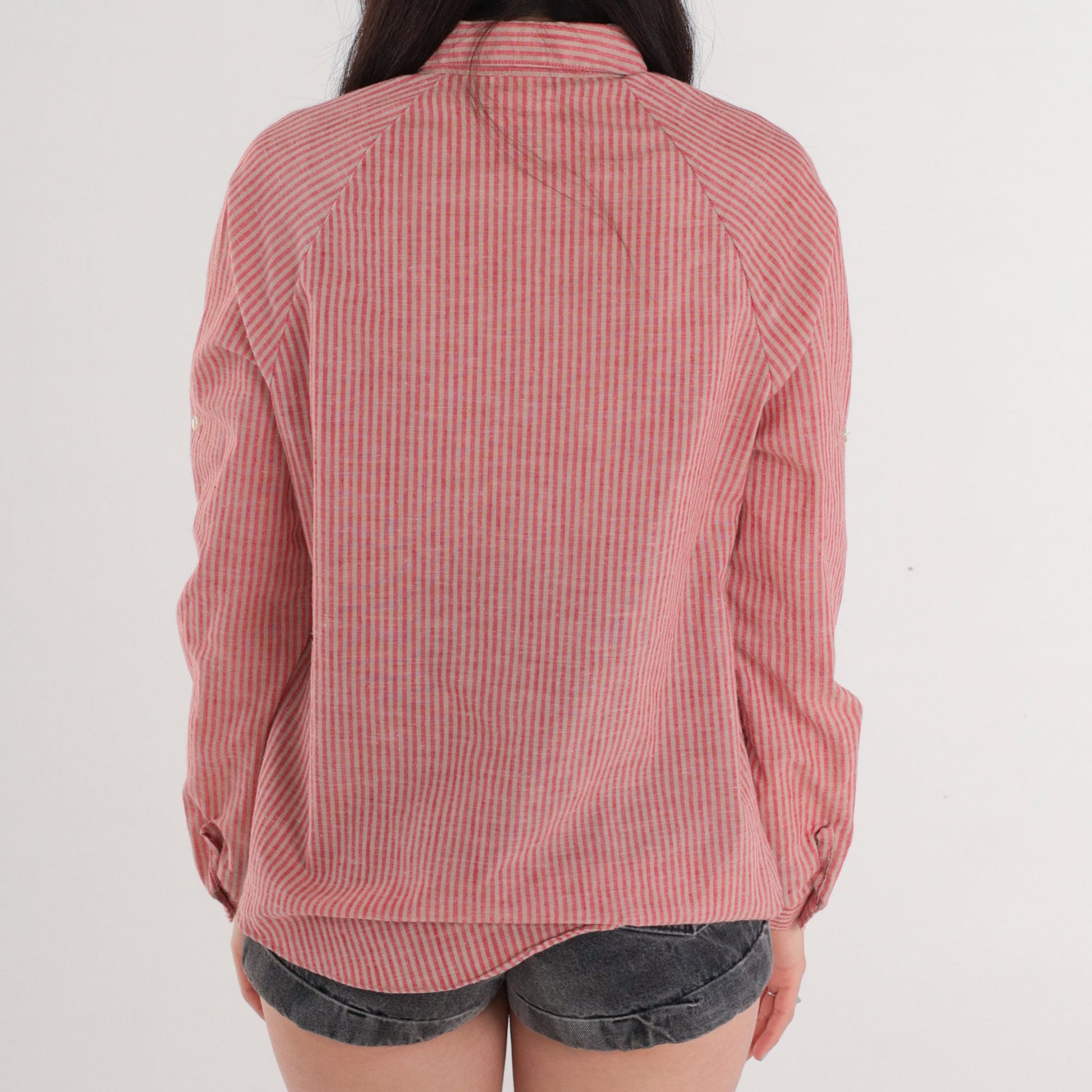 80s Striped Button-Up Blouse Red Tan Raglan Roll-Tab Cuff Small