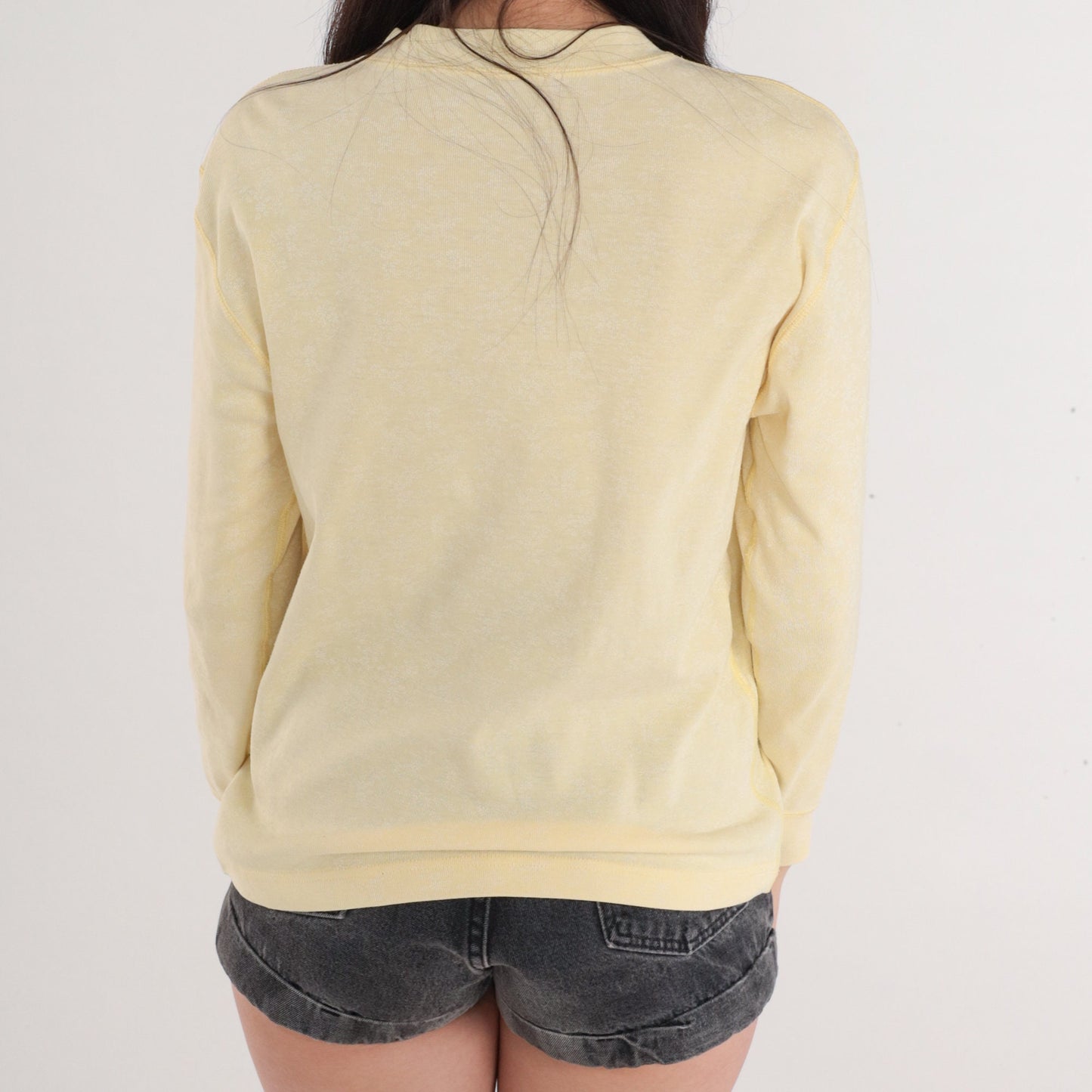 80s Pale Yellow Henley Floral Print Long Sleeve Shirt Medium