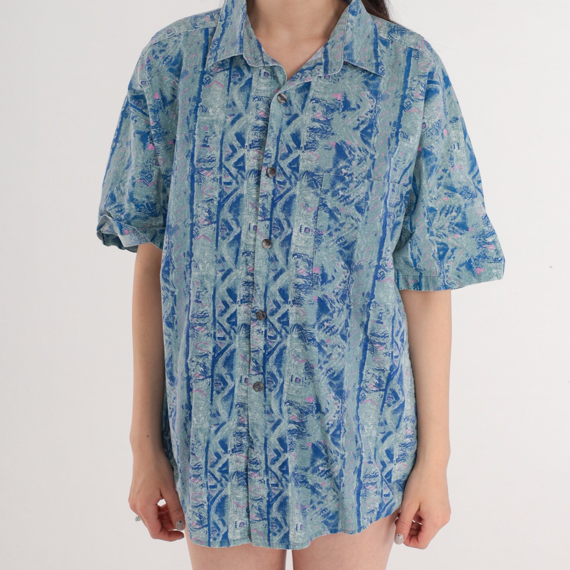 Y2K Anchor Blue Abstract Striped Button Up Shirt Men's Medium
