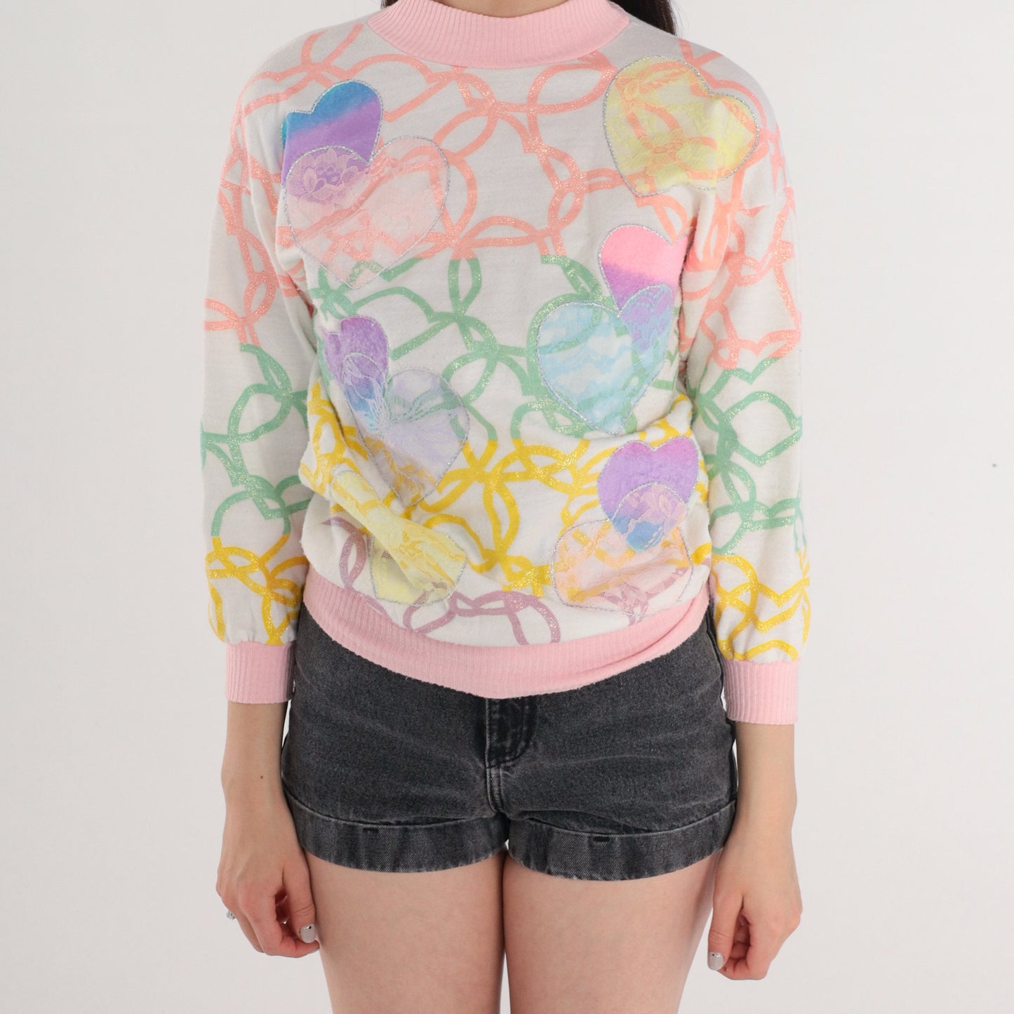 90s Glitter Heart Mock Neck Sweatshirt Floral Lace Patch White Pink Yellow Extra Small
