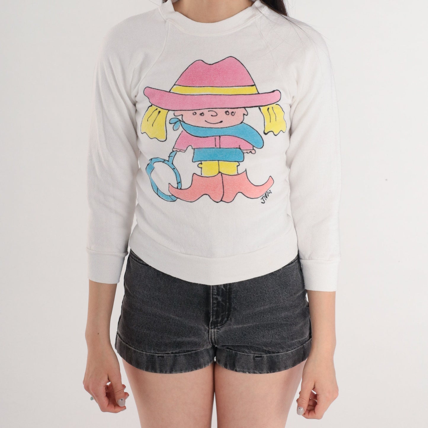 90s Jerzees Cowgirl Cartoon Graphic Sweatshirt White Raglan XXS