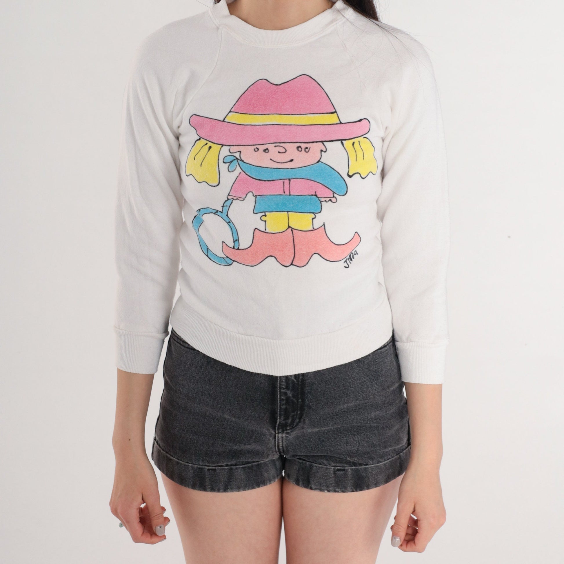 90s Jerzees Cowgirl Cartoon Graphic Sweatshirt White Raglan XXS