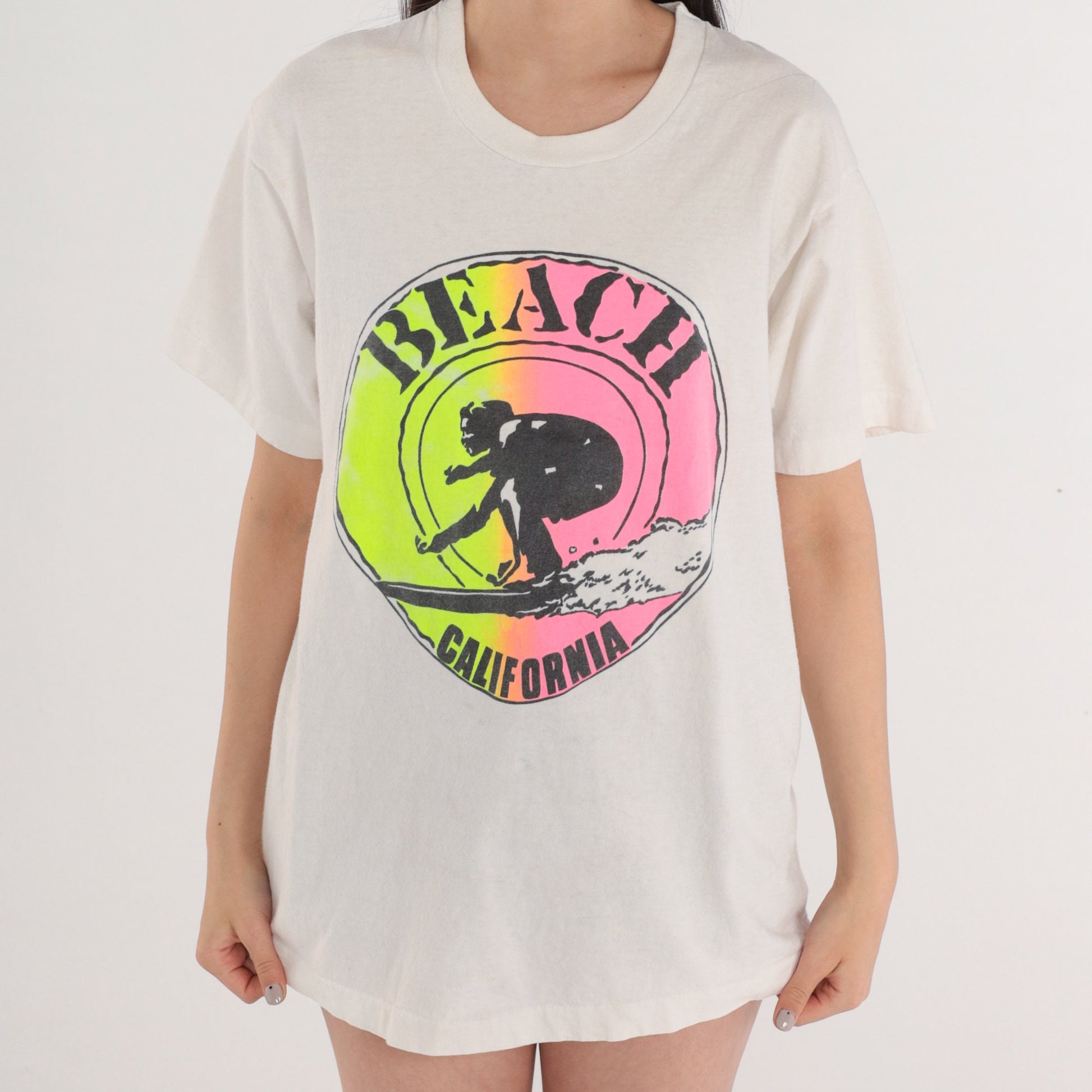 90s California Beach Surfer Graphic T-Shirt White Neon Single Stitch Large
