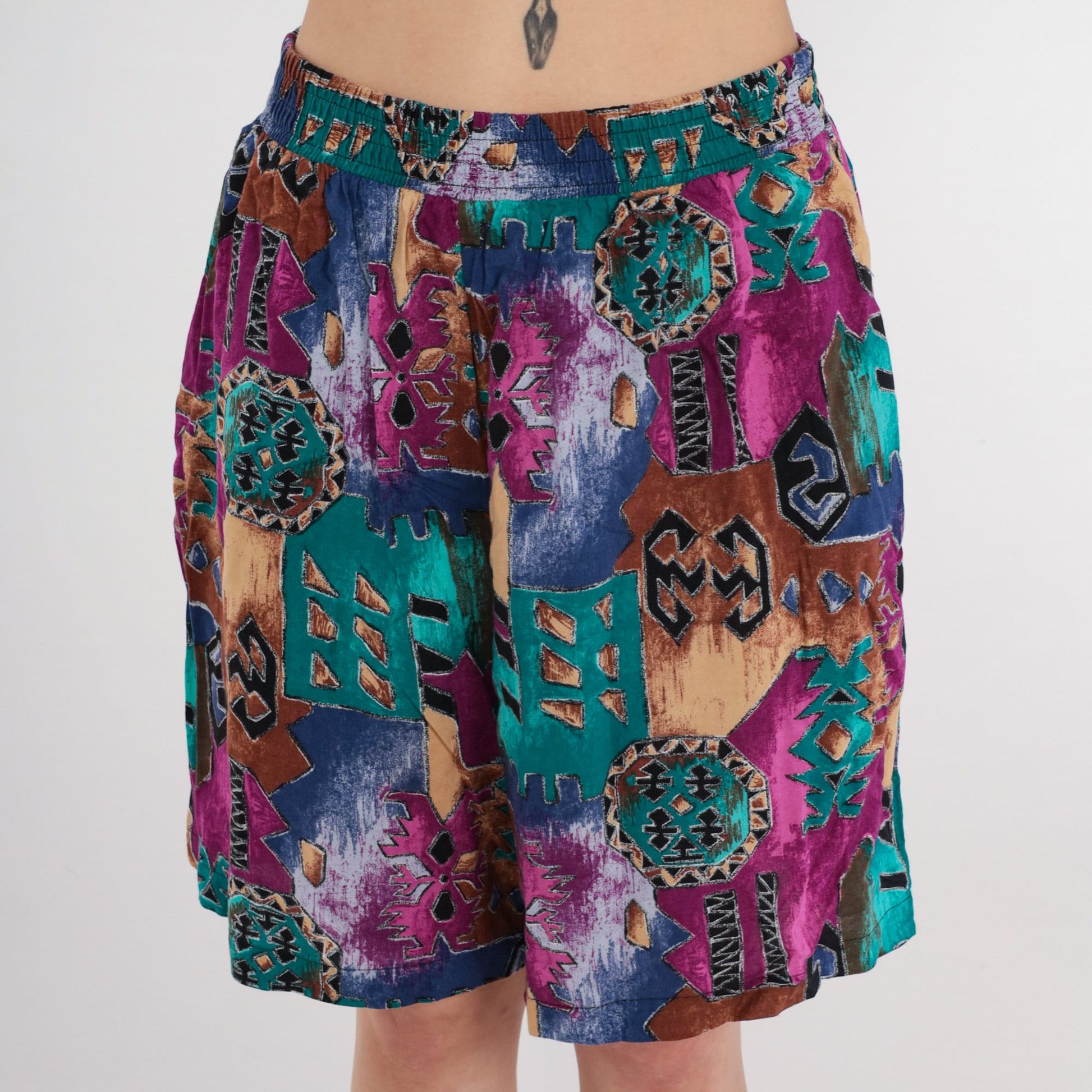 90s Abstract Geometric Print High-Waist Shorts Wide Leg Pink Green Medium Large