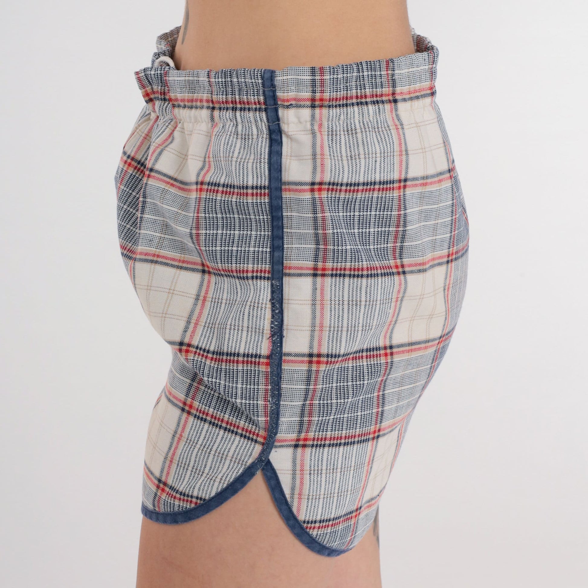 90s Plaid Swim Shorts Drawstring Board Shorts Lined Dolphin Cut Large L