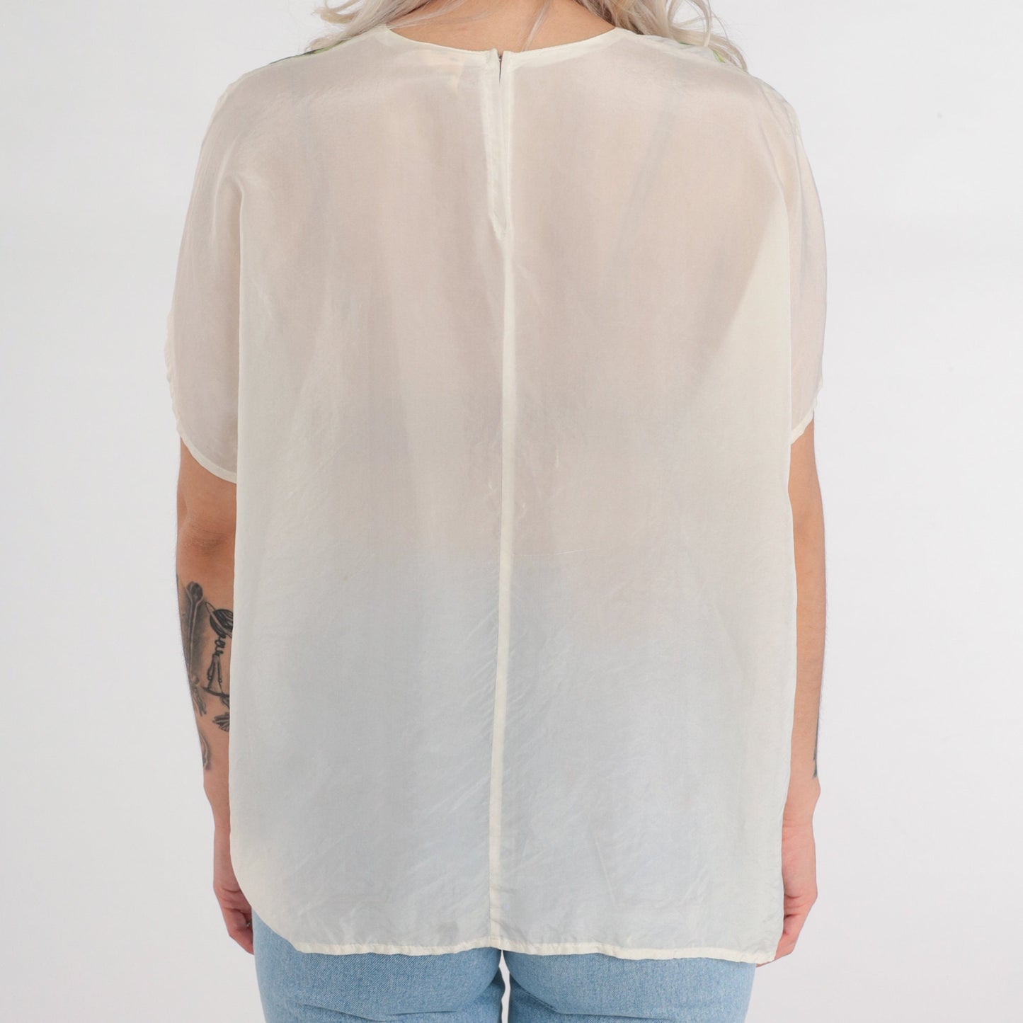 80s Iris Flower Silk Blouse Cream Semi-Sheer Short Sleeve Shirt Large