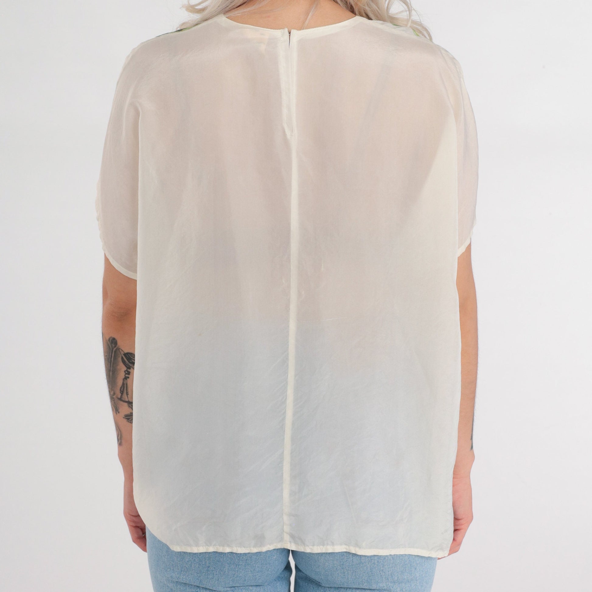 80s Iris Flower Silk Blouse Cream Semi-Sheer Short Sleeve Shirt Large