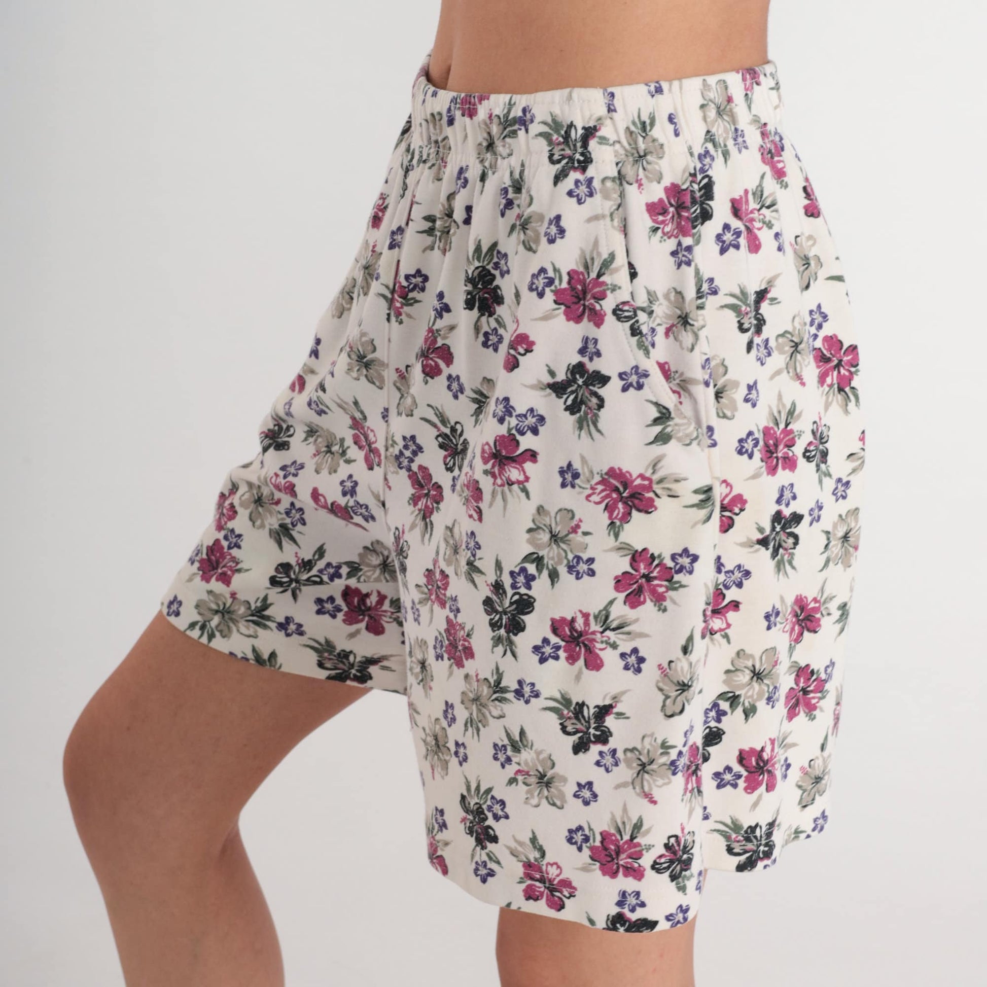 90s Hibiscus Floral Shorts White Tropical High Waist Small