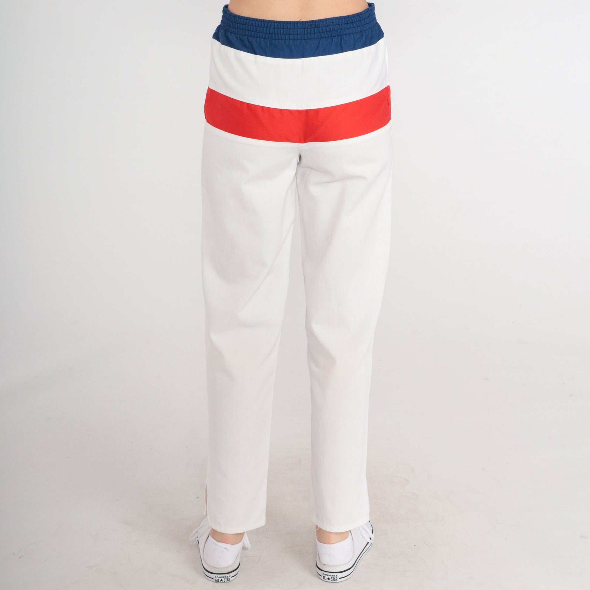 80s White Striped Track Pants Red Blue Elastic Waist Extra Small XS