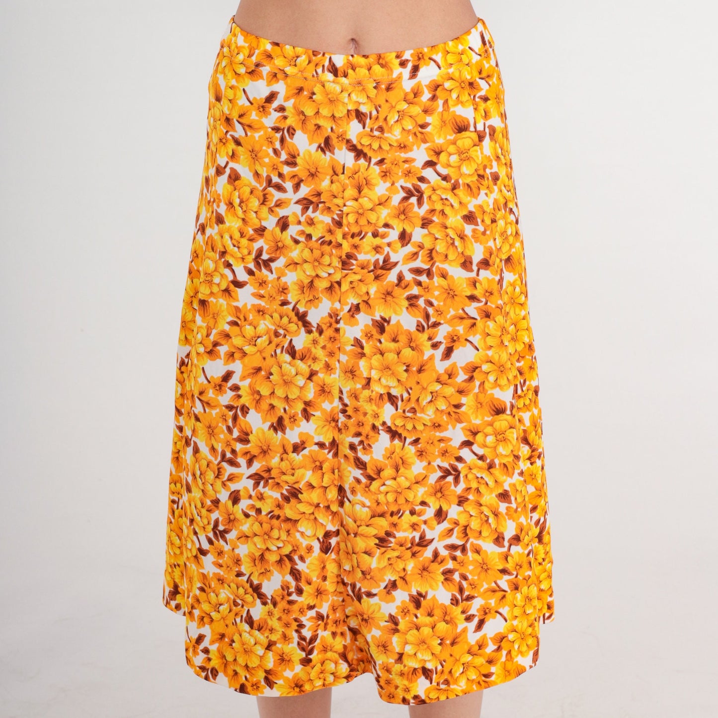 80s Floral Midi Skirt High Waist A-Line White Yellow Orange Small Medium
