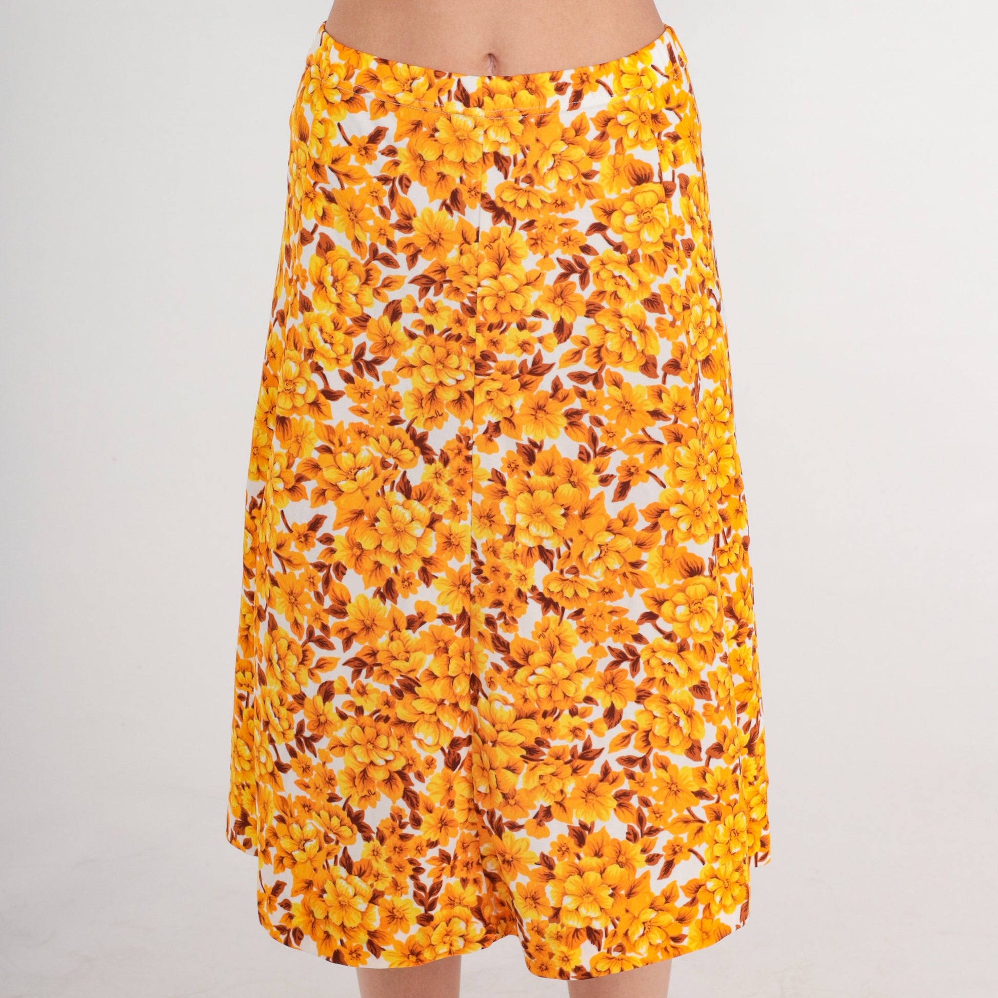 80s Floral Midi Skirt High Waist A-Line White Yellow Orange Small Medium