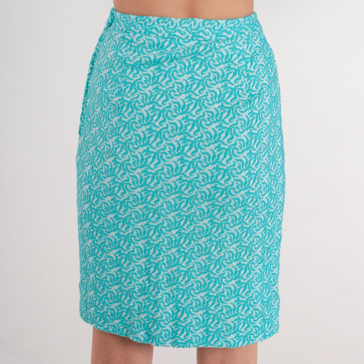 60s Bright Blue Floral Mini Skirt High Waisted Pencil Knit Extra Small