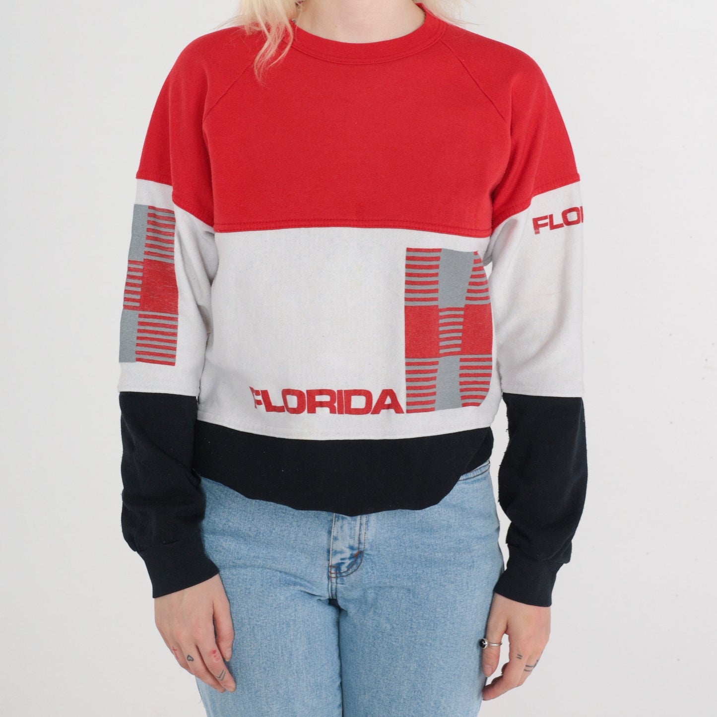 80s Florida Sweatshirt Color Block Raglan Crewneck Red White Black Large L
