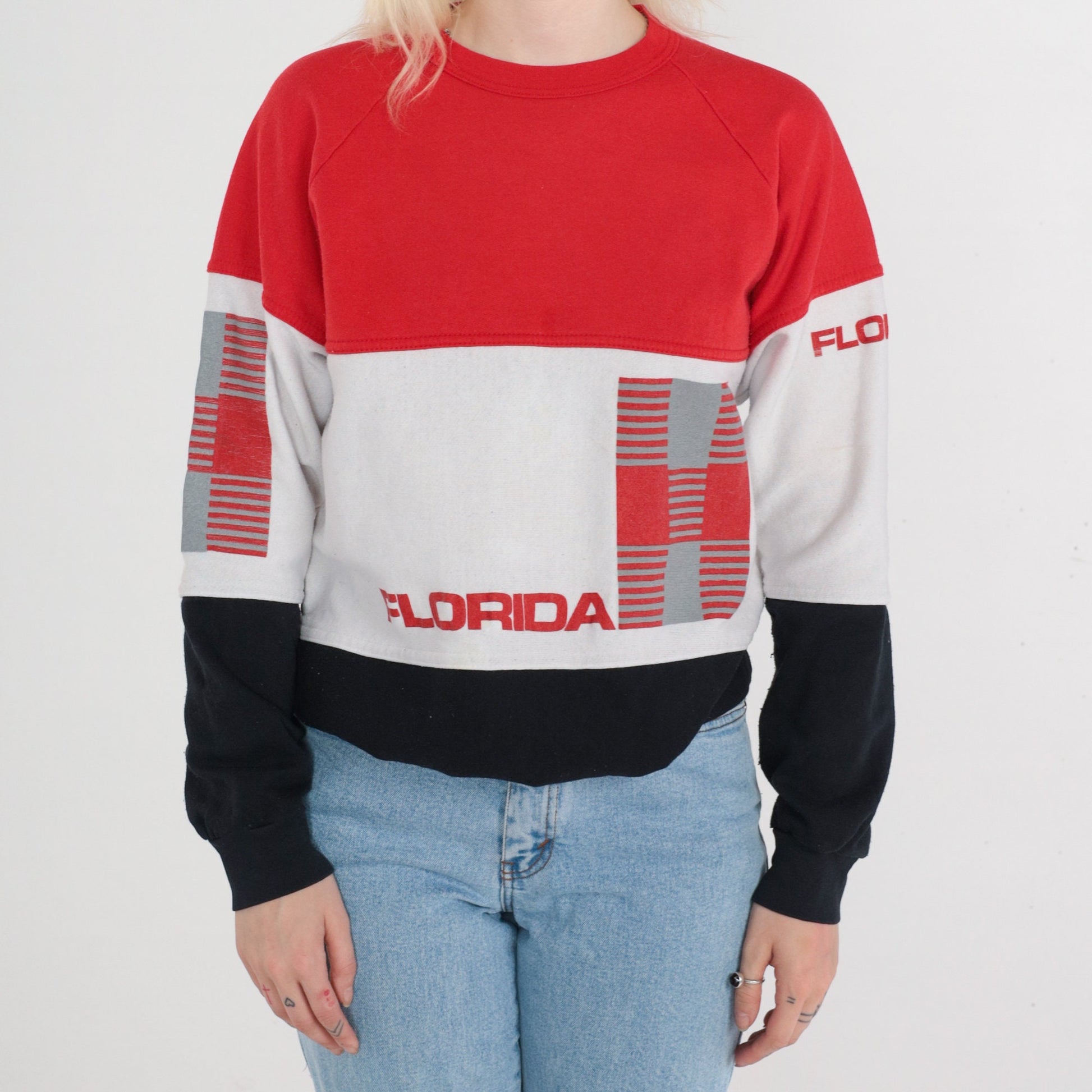 80s Florida Sweatshirt Color Block Raglan Crewneck Red White Black Large L