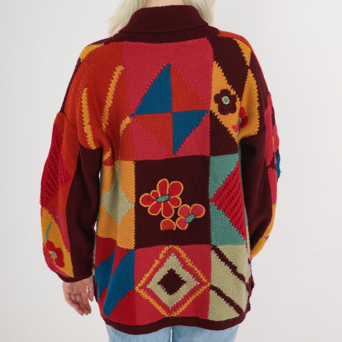 80s Geometric Floral Wool Blend Pullover Sweater Knit Red Green Orange Blue Medium Large
