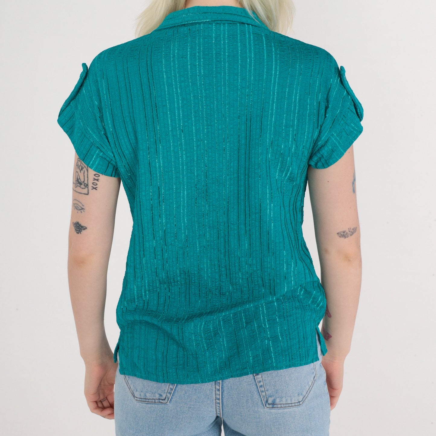 80s Teal Green Striped Button-Up Blouse Cap Sleeves V-Neck Small