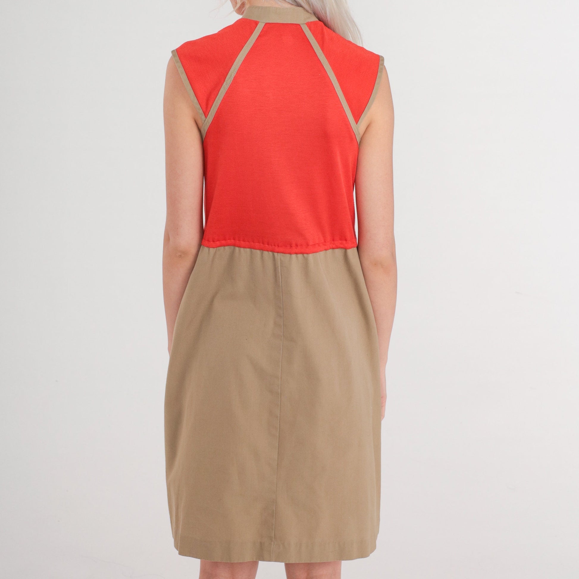80s Red Tan Colorblock Mini Shirtdress Button-Up Bow Waist Extra Small
