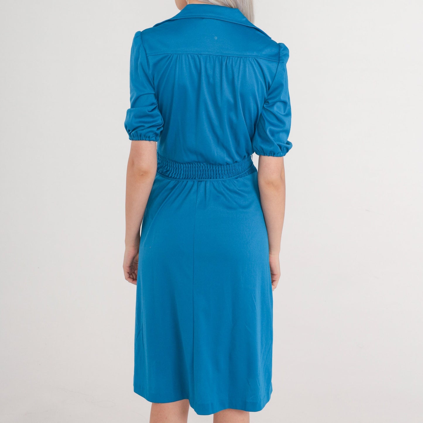 70s Blue Midi Dress Puff Sleeve High Waist Collared V-Neck Extra Small