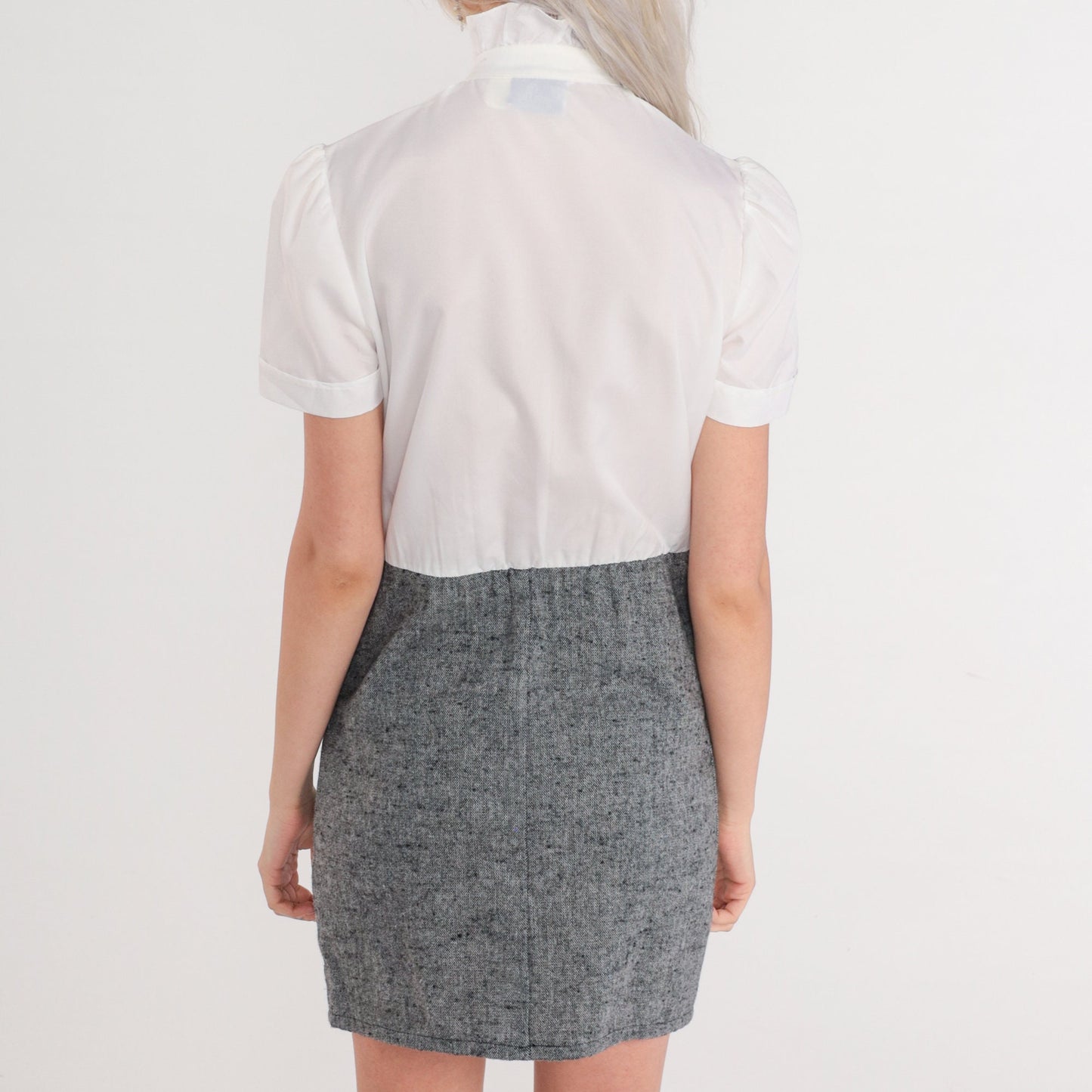 70s Ascot Tie Mini Dress Button-Up Puff Sleeve White Grey Wool Small S