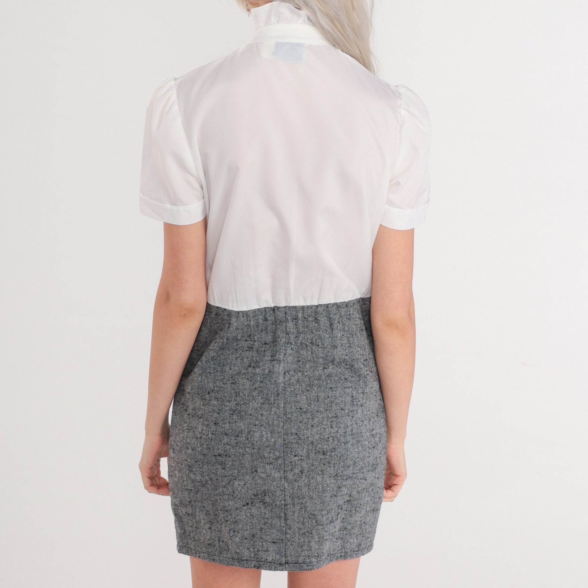 70s Ascot Tie Mini Dress Button-Up Puff Sleeve White Grey Wool Small S