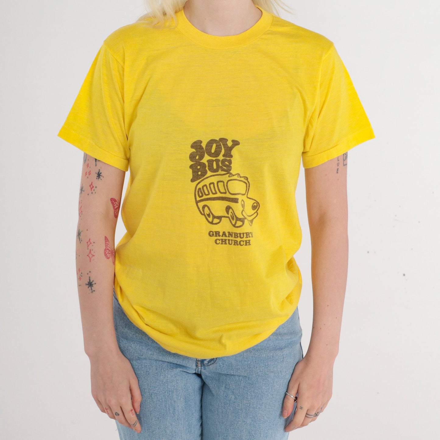 80s Granbury Church Joy Bus Graphic T-Shirt Yellow Christian Tee Medium