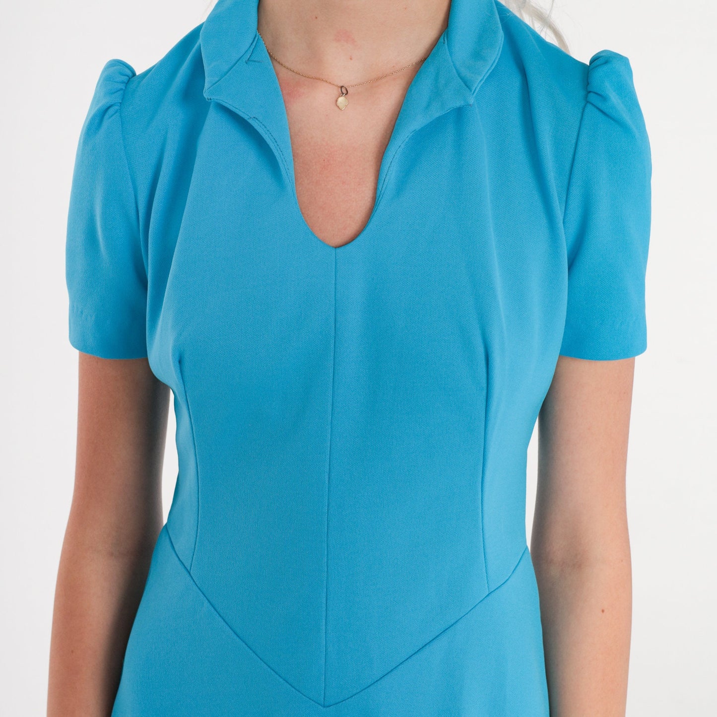 1960s Blue Mini Dress Mod Puff Sleeve Basque Waist Collared V-Neck XS