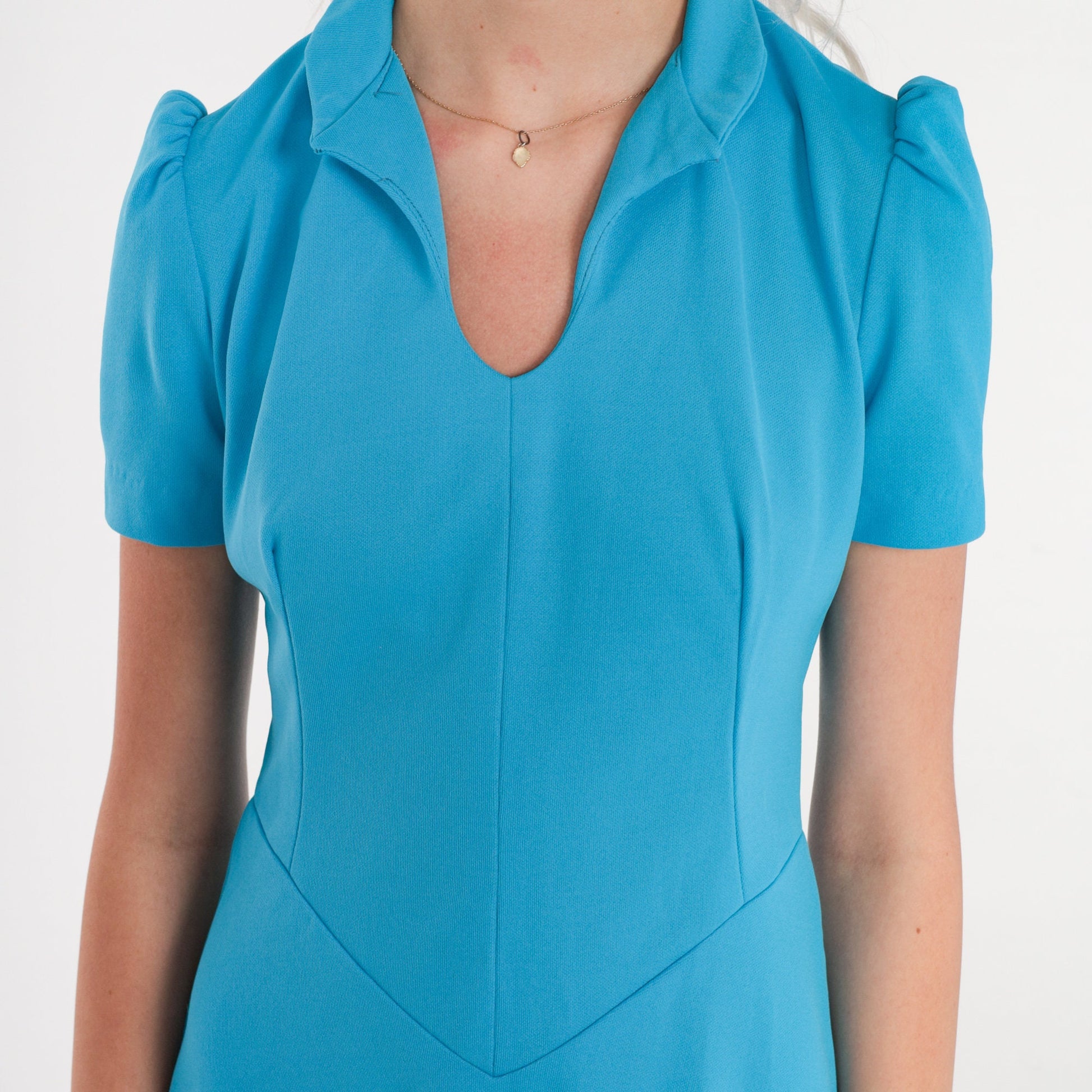 1960s Blue Mini Dress Mod Puff Sleeve Basque Waist Collared V-Neck XS
