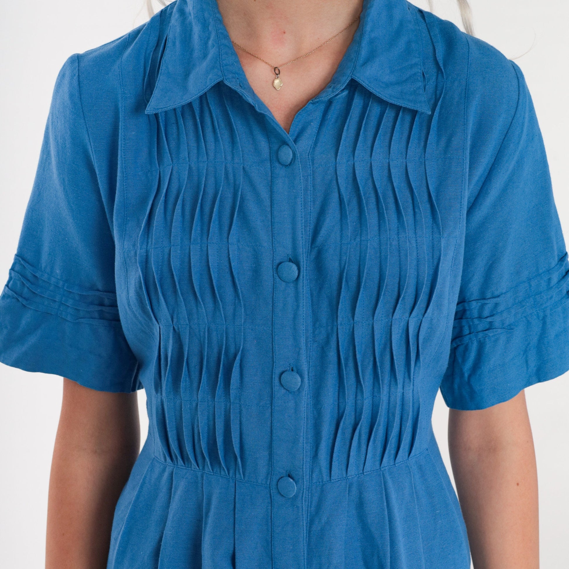 90s Coldwater Creek Blue Midi Shirtdress Pleated High Waisted Small S