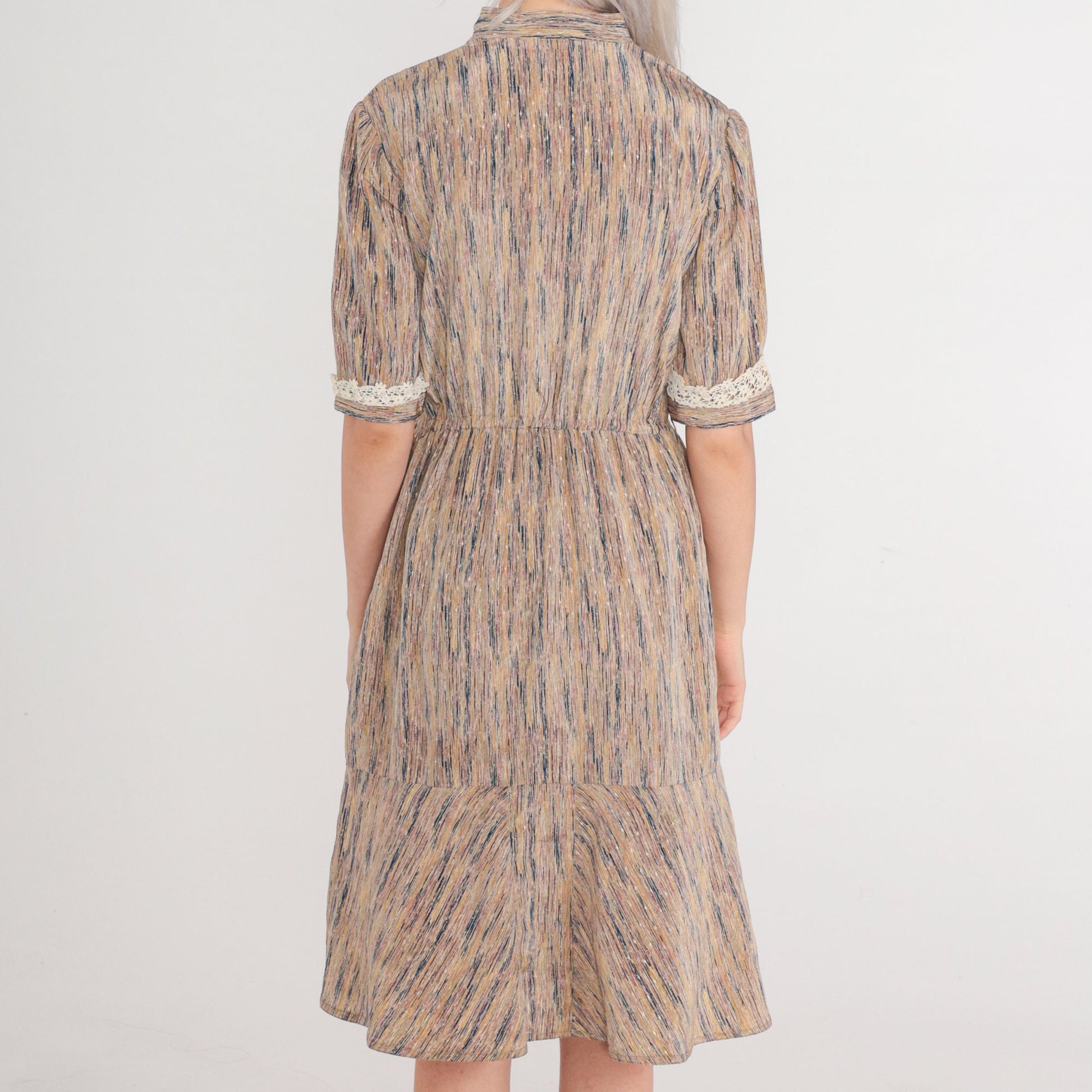 70s Crochet Bib Midi Dress Striped Earth Tone High Neck Puff Sleeve Small