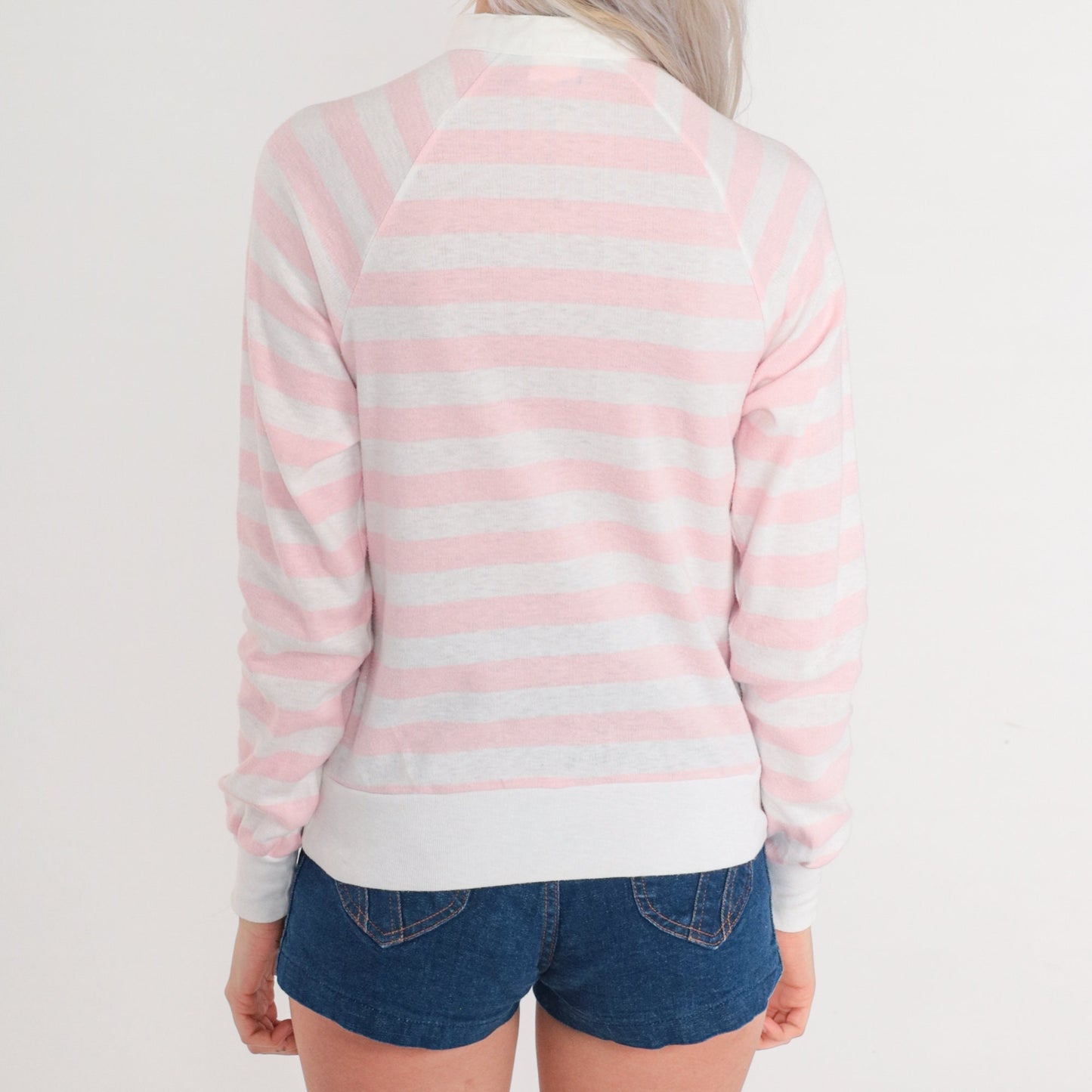 80s Pink White Striped Henley Sweatshirt Kangaroo Pocket Snap Pullover Extra Small