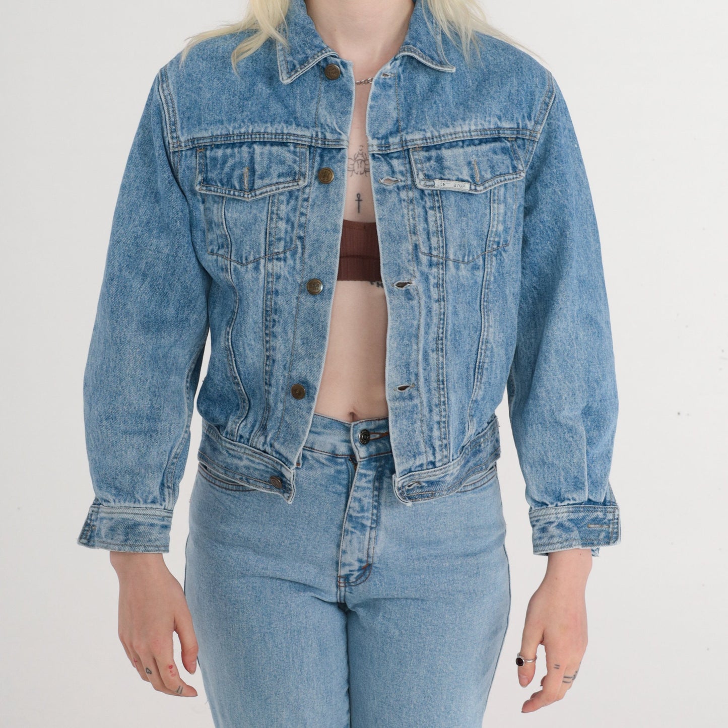 80s Blue Denim Jacket Button-Up Trucker Coat Extra Small XS