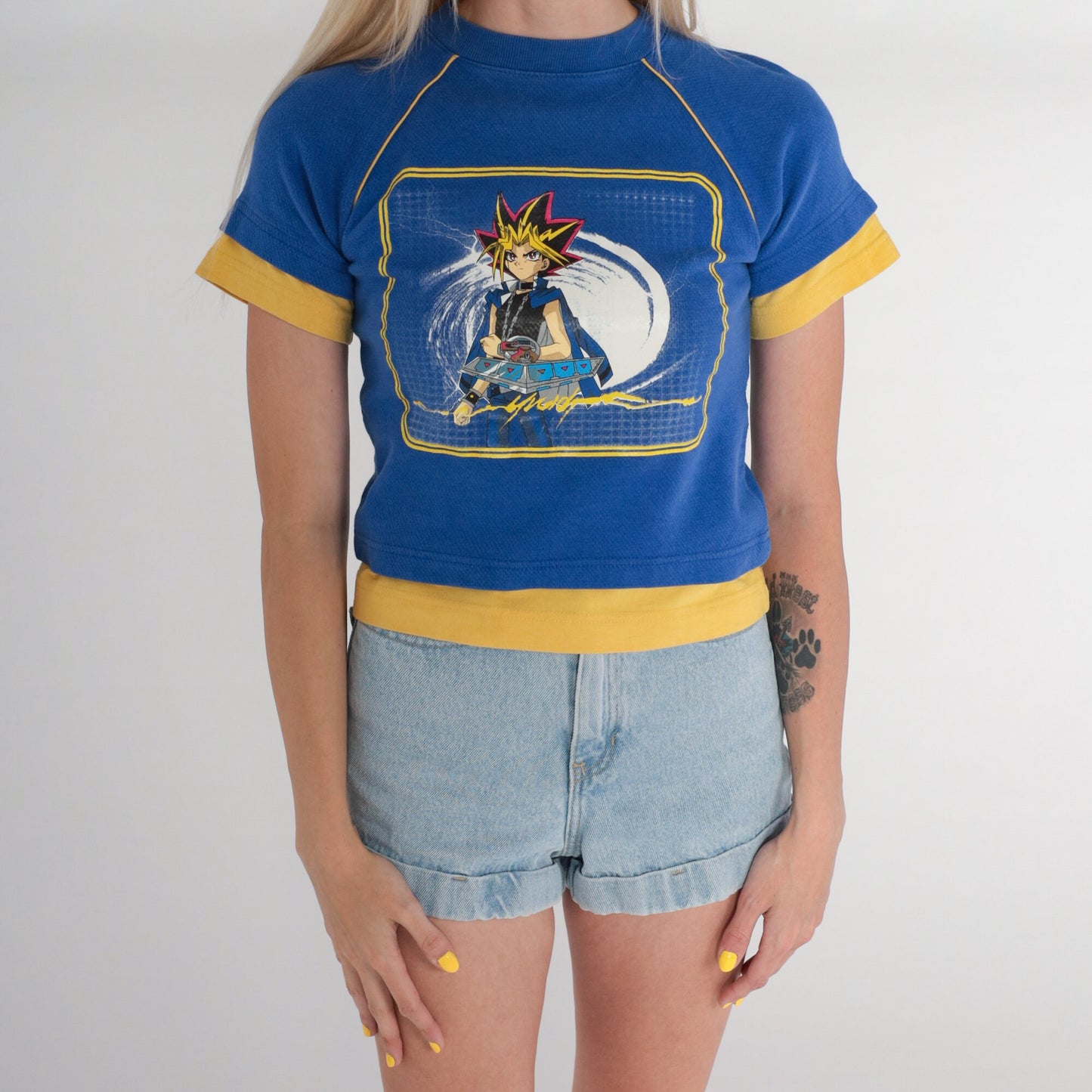 90s Yu-Gi-Oh Crop Top Raglan Graphic Tee Blue Yellow 2XS