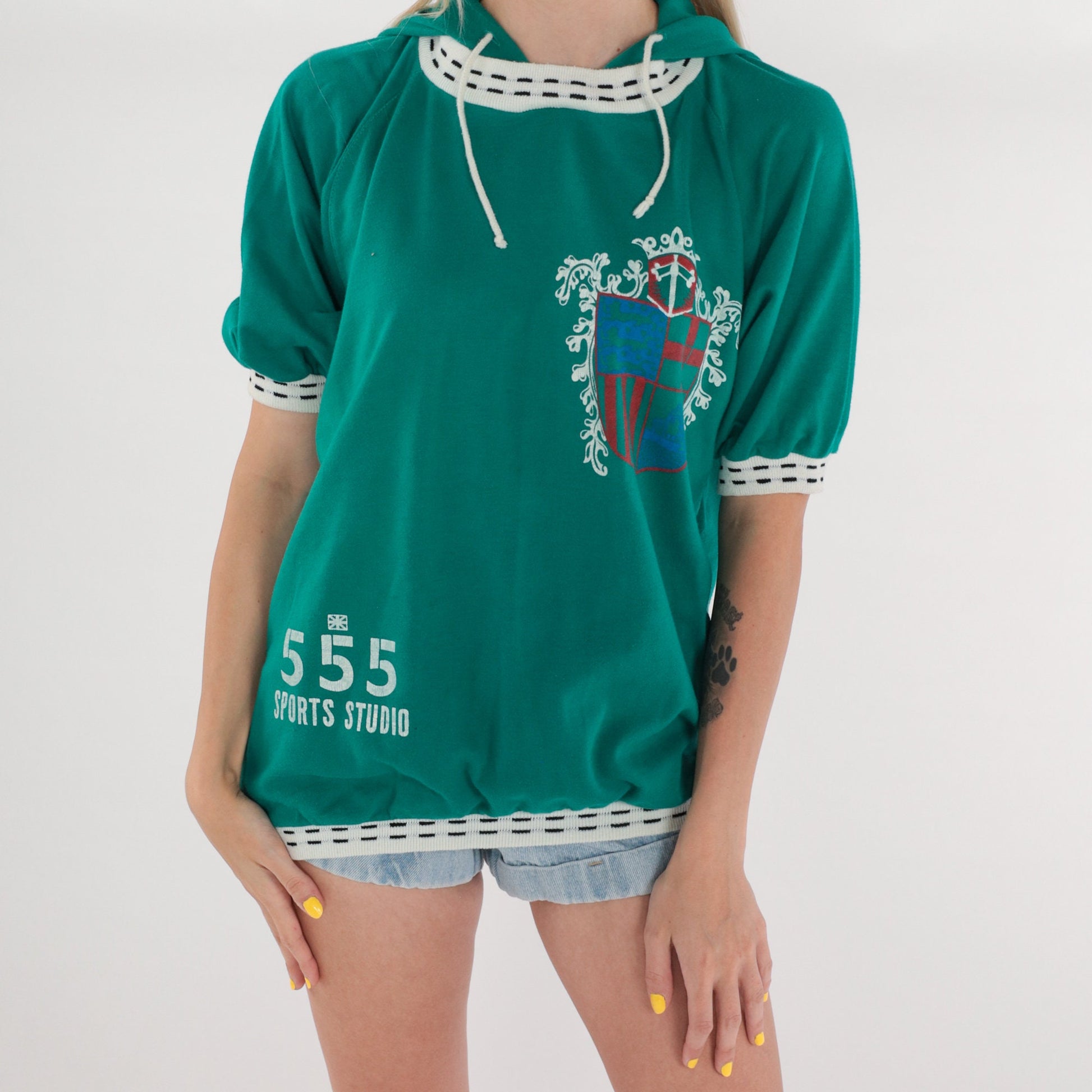 90s 555 Sports Studio Hooded T-Shirt Green Ringer Crest Graphic Large