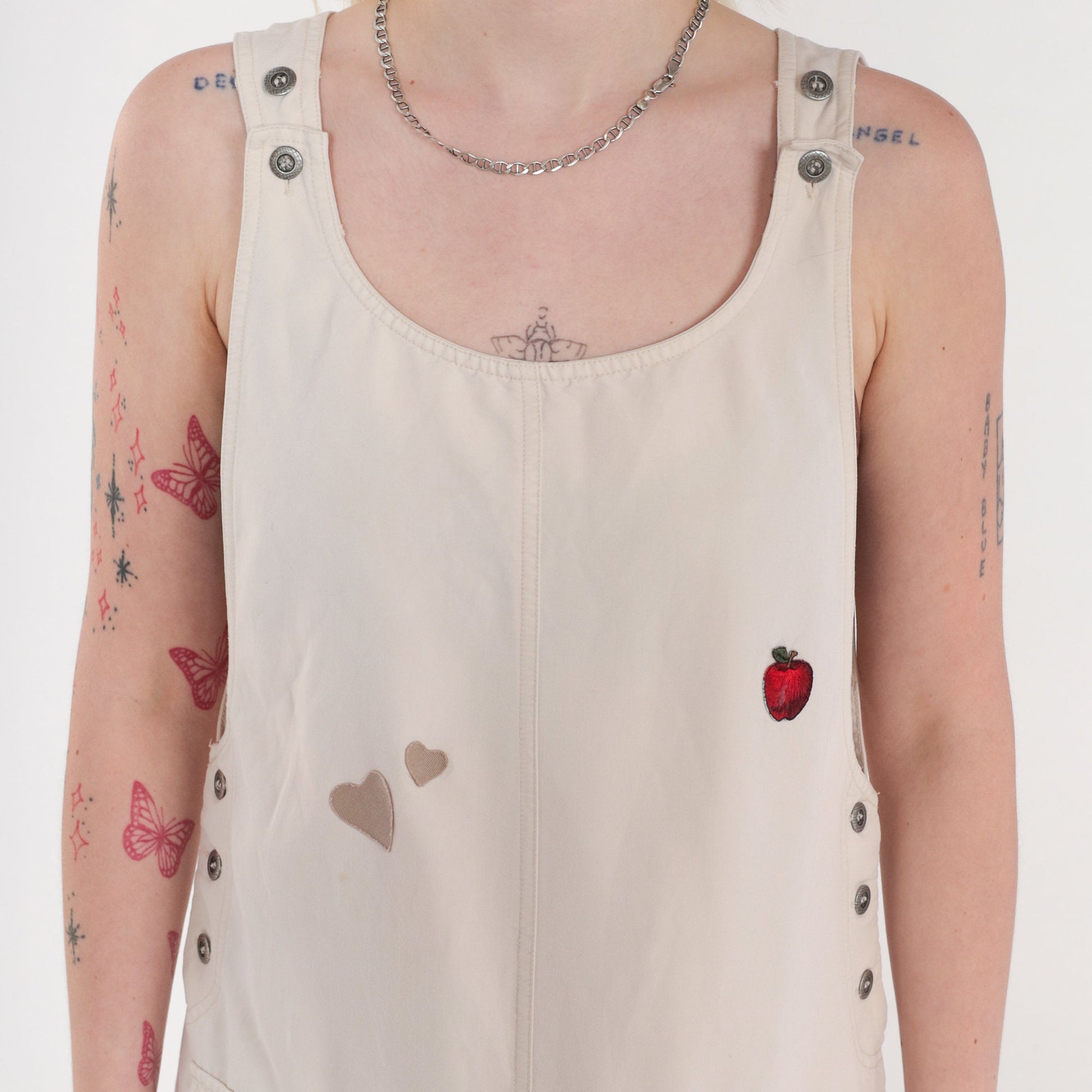 90s Beige Jumper Dress Heart Apple Print Sleeveless Mini Medium