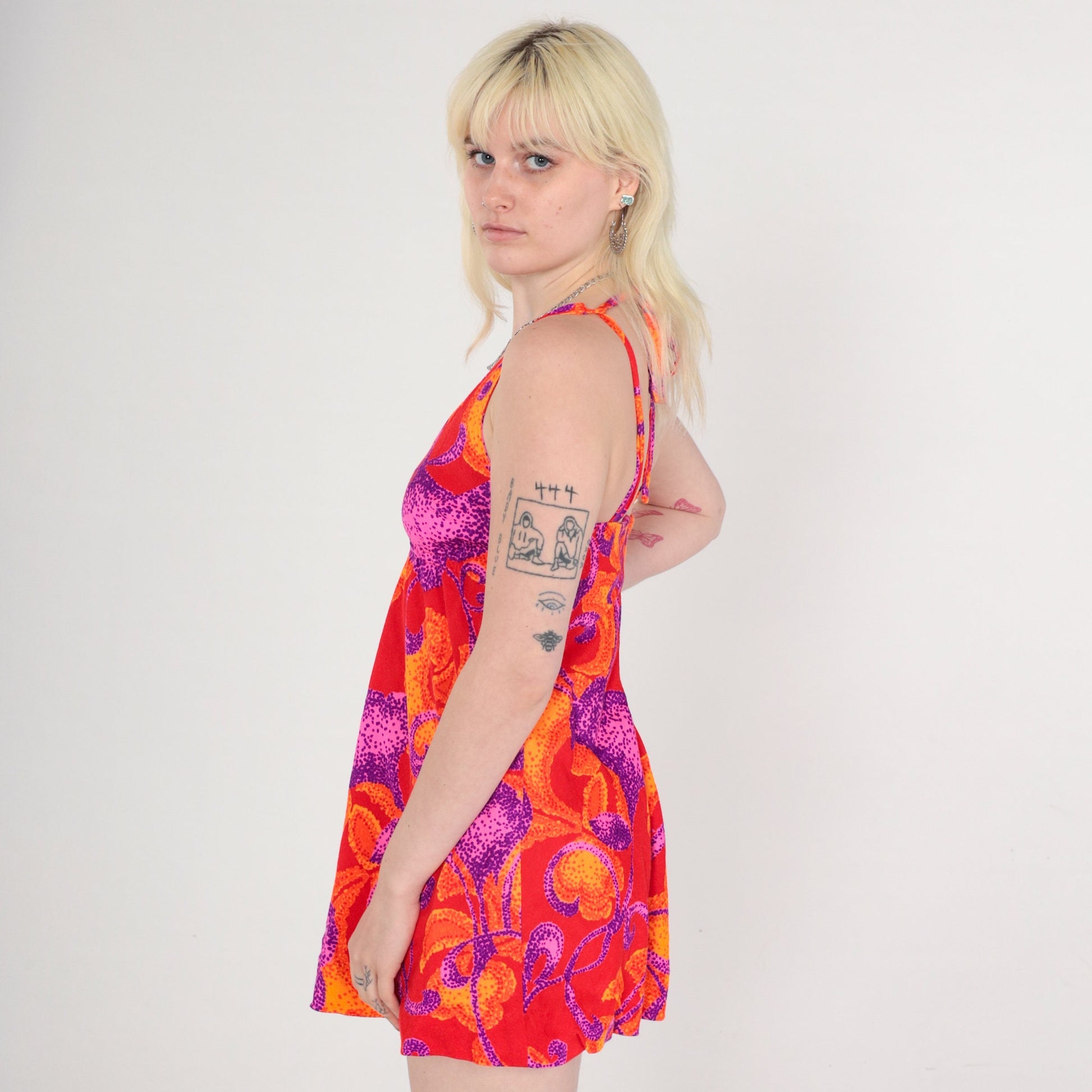 70s Halter Mini Dress Abstract Print Neon Red Empire Waist Sleeveless Extra Small