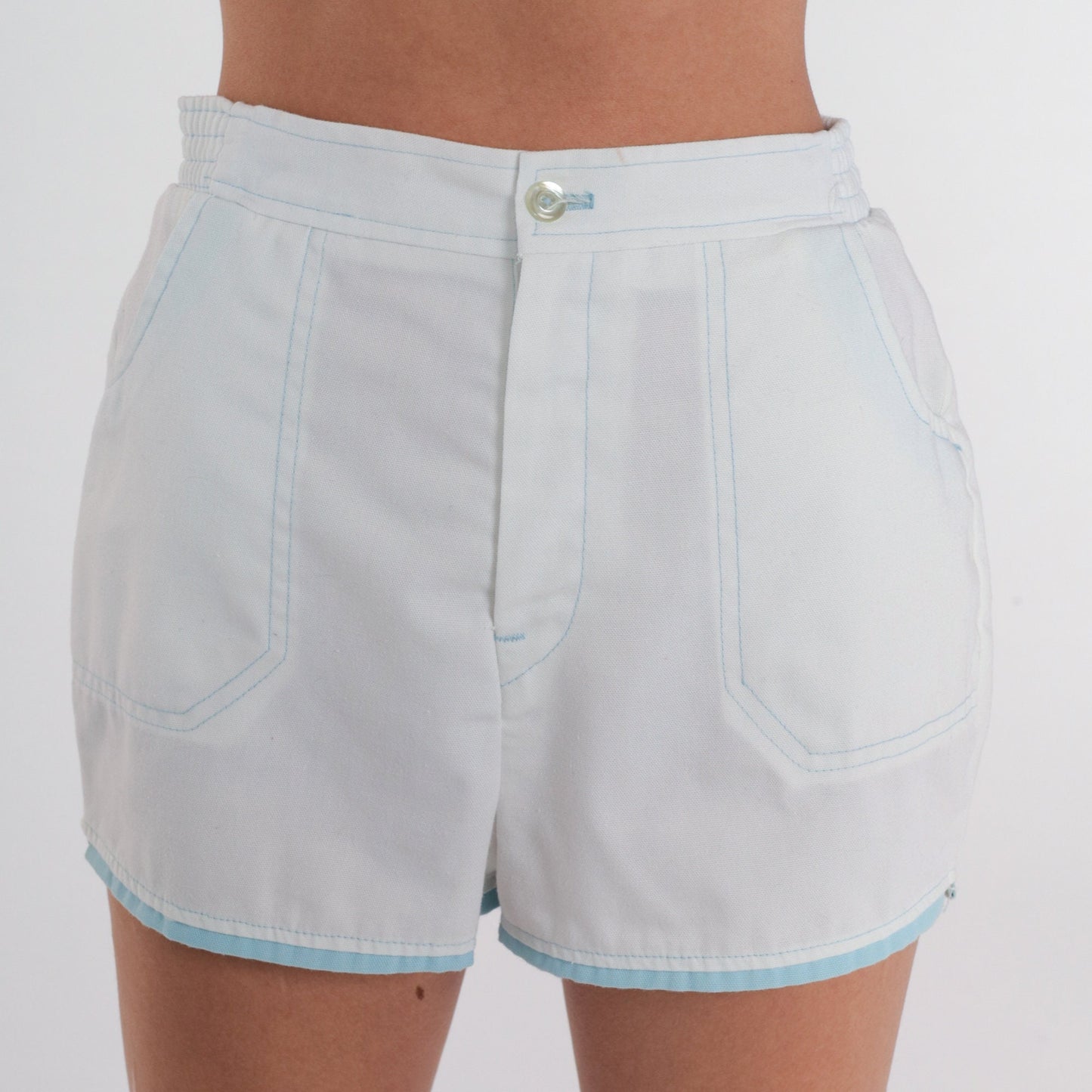 70s Light Blue High-Waisted Ringer Shorts Cotton Blend Extra Small XS
