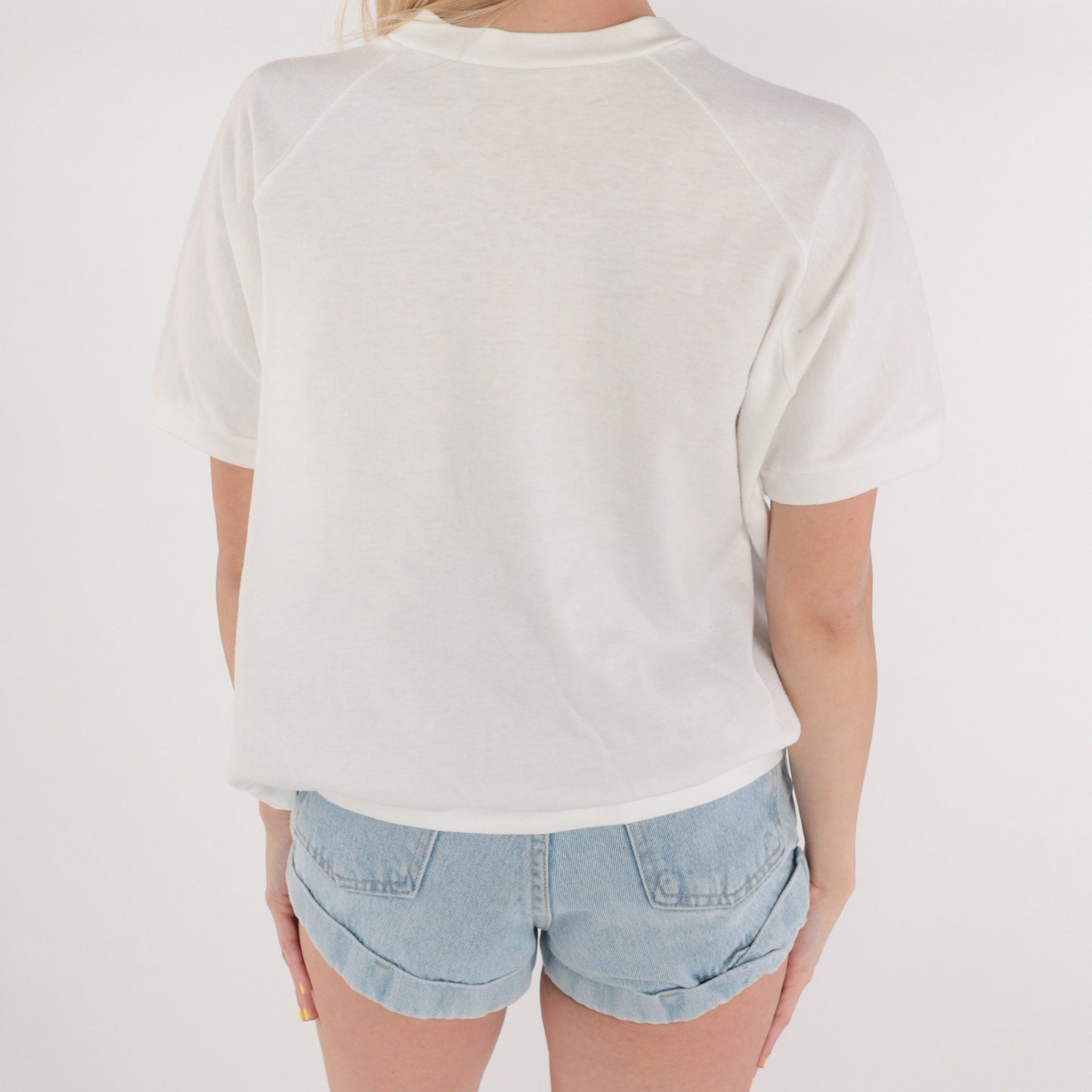 80s Iris Floral Glitter V-Neck Tee White Graphic Short Sleeve Large L