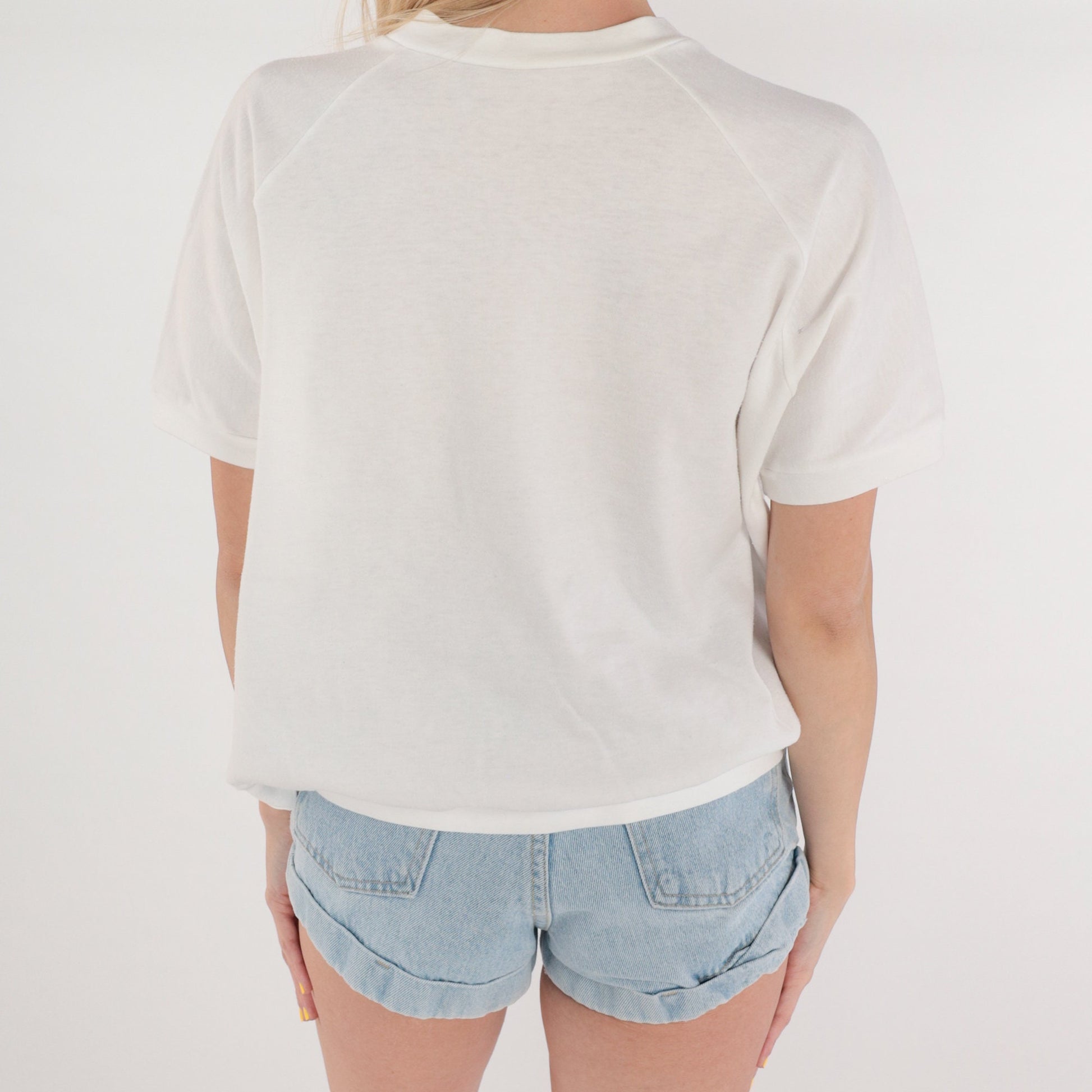 80s Iris Floral Glitter V-Neck Tee White Graphic Short Sleeve Large L
