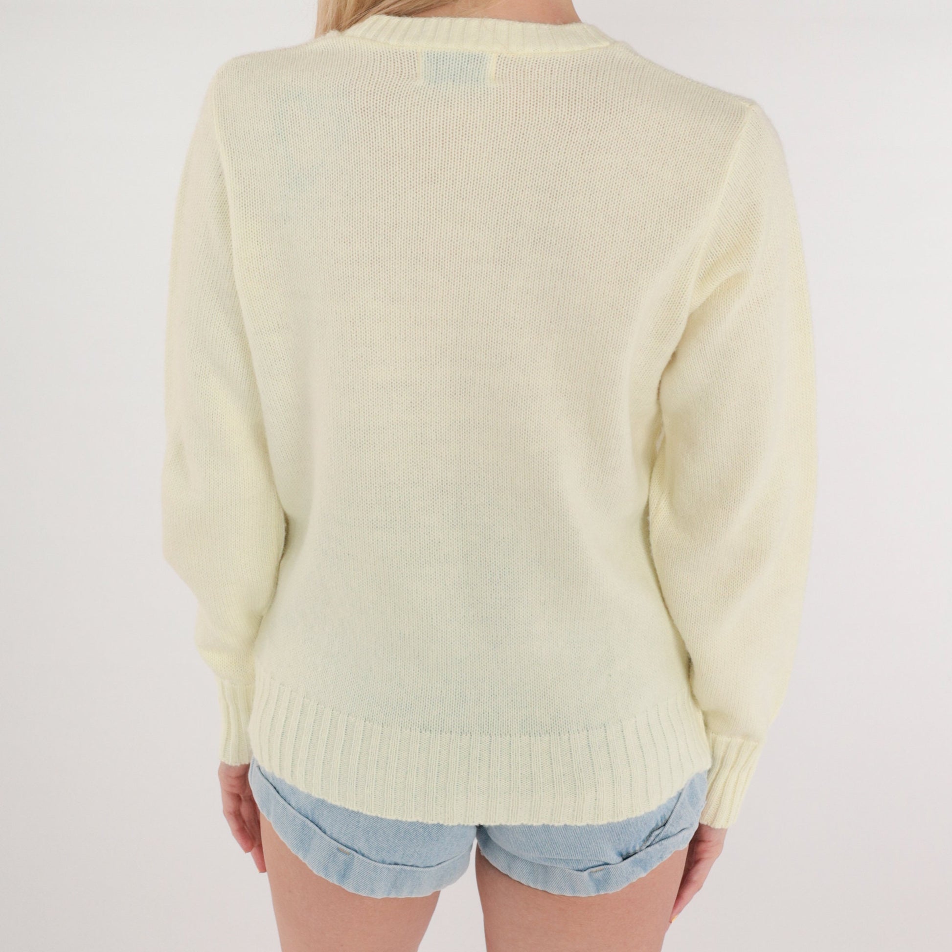70s Cream Acrylic Knit Crewneck Pullover Sweater Small S