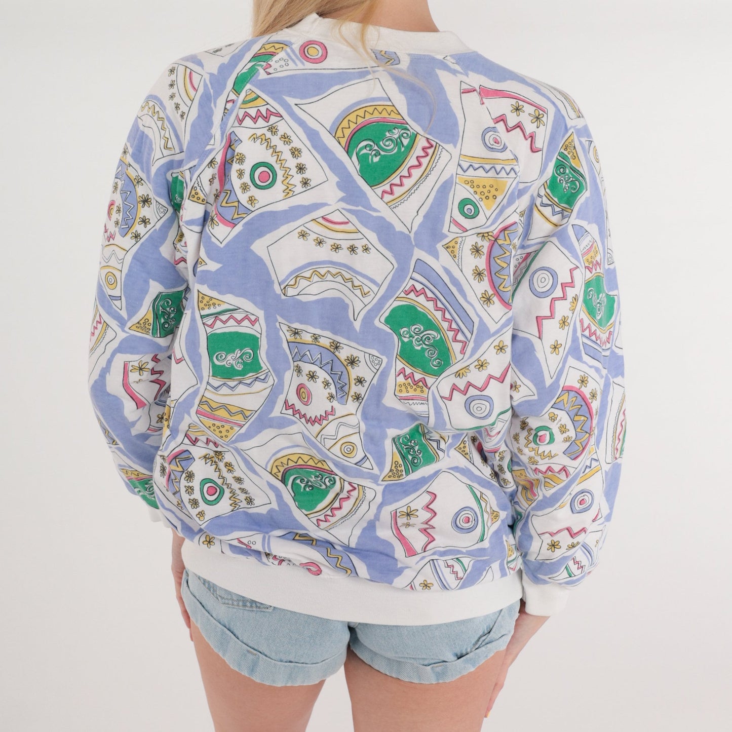 90s Abstract Floral Sweatshirt White Graphic Ringer Crewneck Medium M