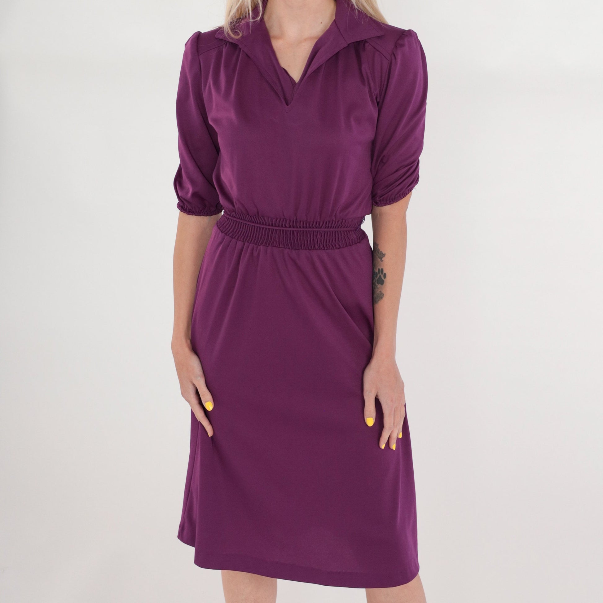 70s Purple Midi Dress Puff Sleeve Collared V-Neck Smocked Waist XS