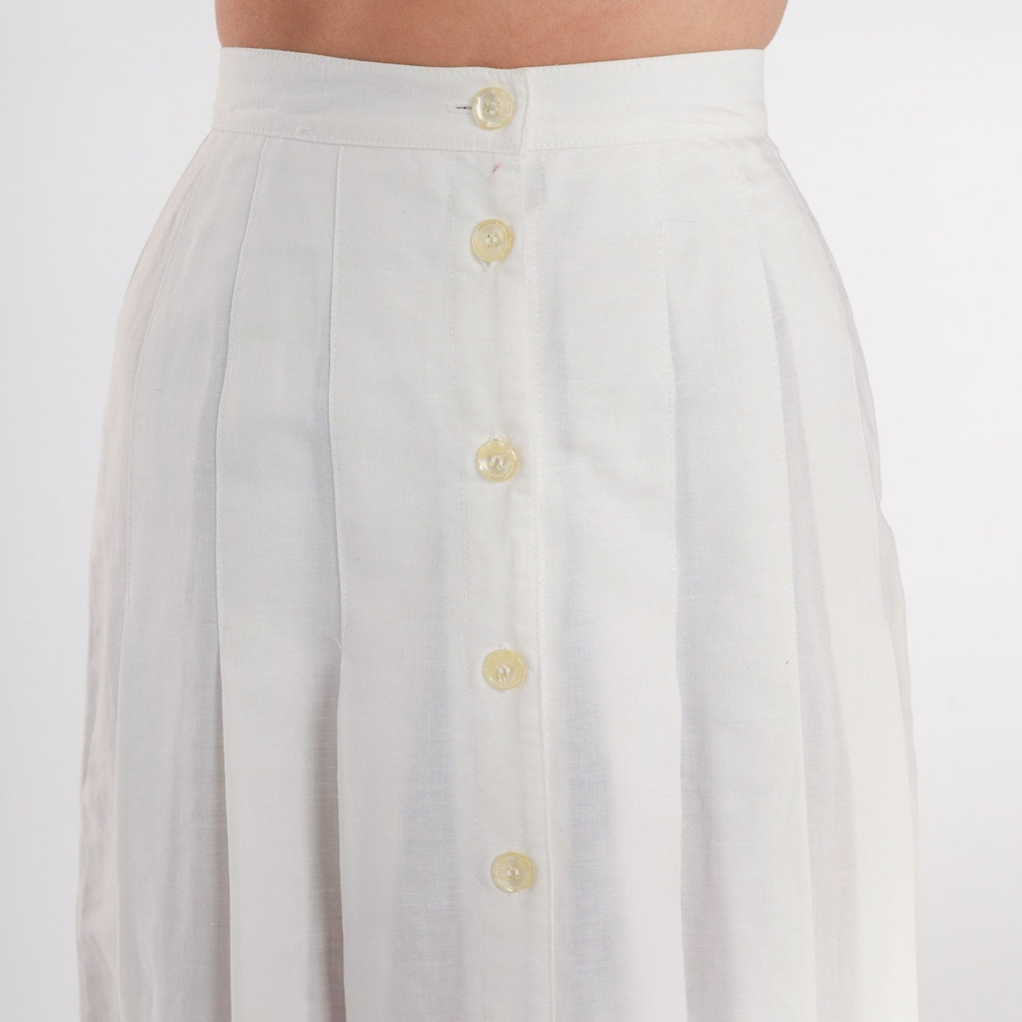 80s White Pleated Midi Skirt High Waisted Button Front XXS