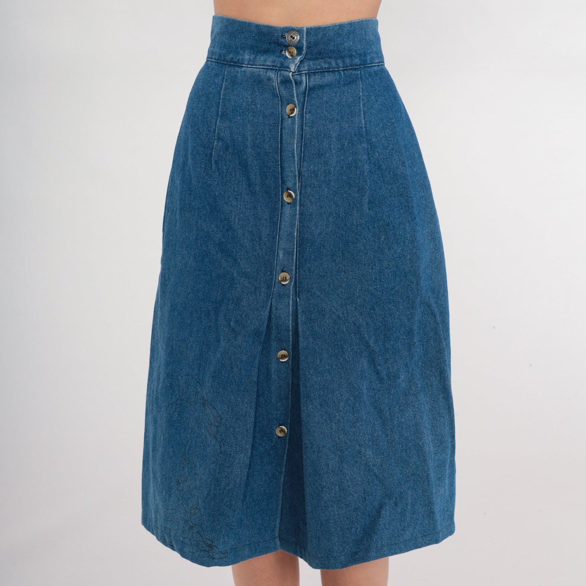 90s Luskys Denim Midi Skirt Blue High Waisted Button Front A-Line Extra Small