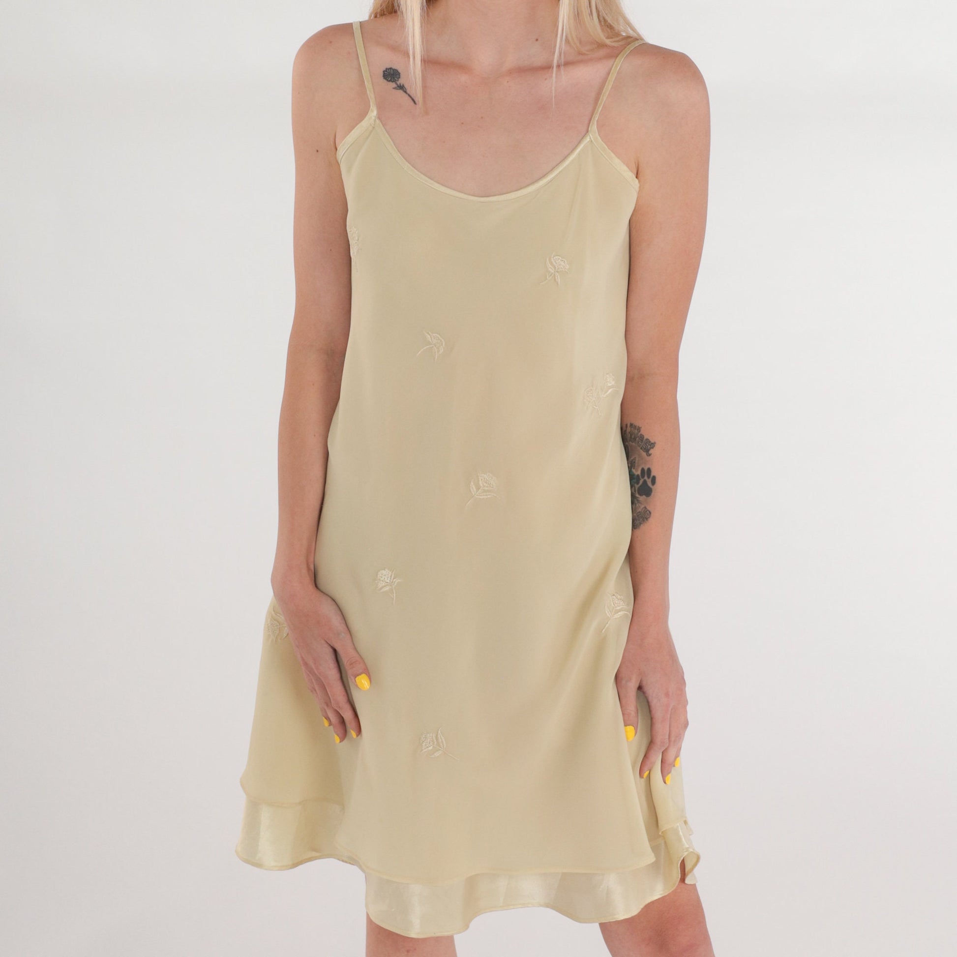 90s Cream Floral Embroidered Slip Dress Mini Spaghetti Strap Layered Large