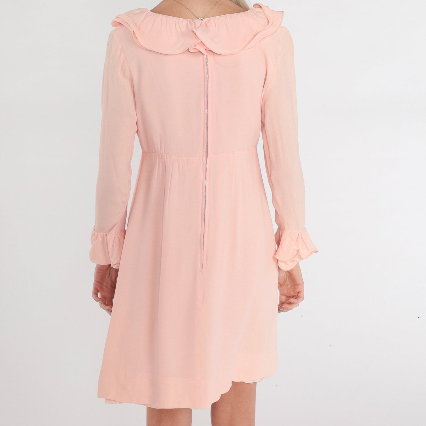 70s Pink Babydoll Mini Dress Empire Waist Ruffled Long Sleeve Medium M