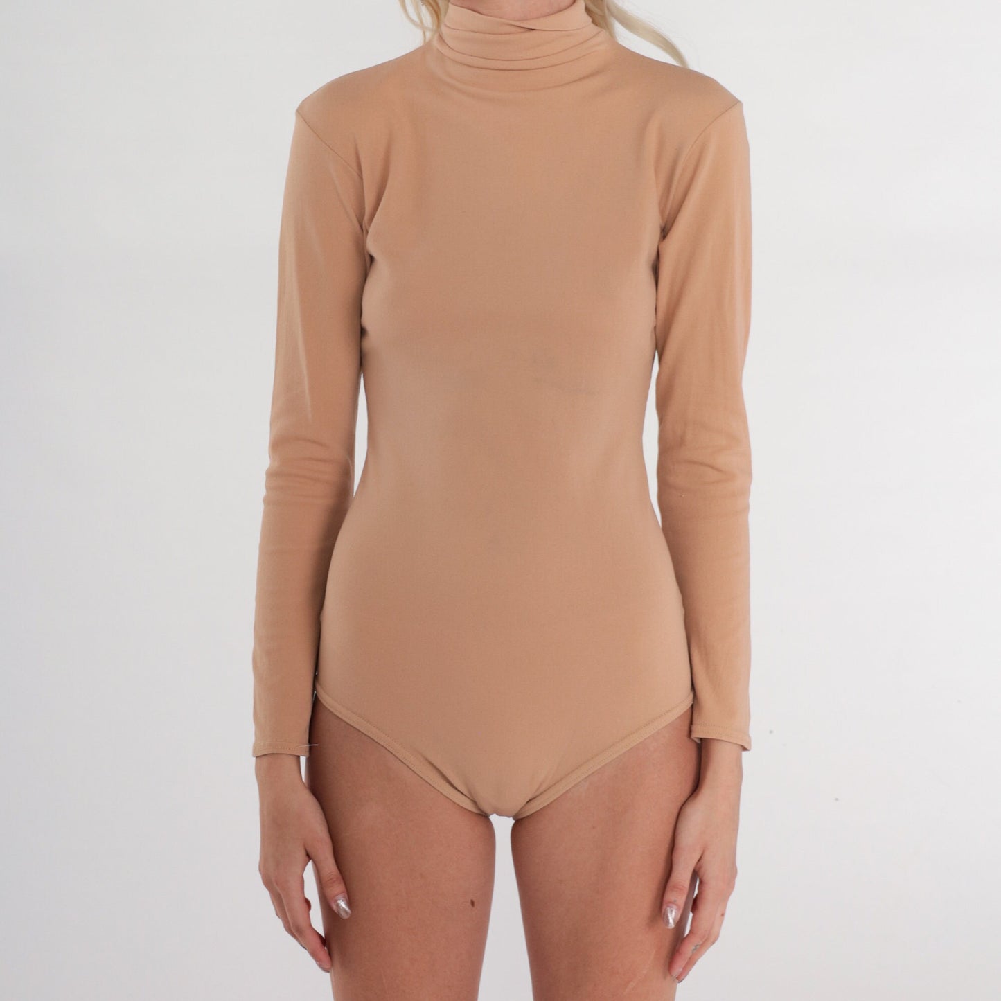 70s Beige Turtleneck Bodysuit Long Sleeve Leotard Back Zip Extra Small