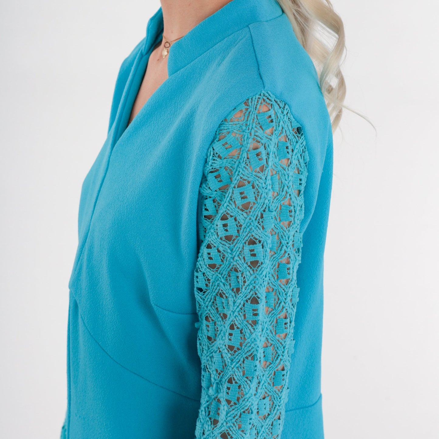 70s Blue Mini Dress Lace Sleeve Empire Waist Shift Dress Medium