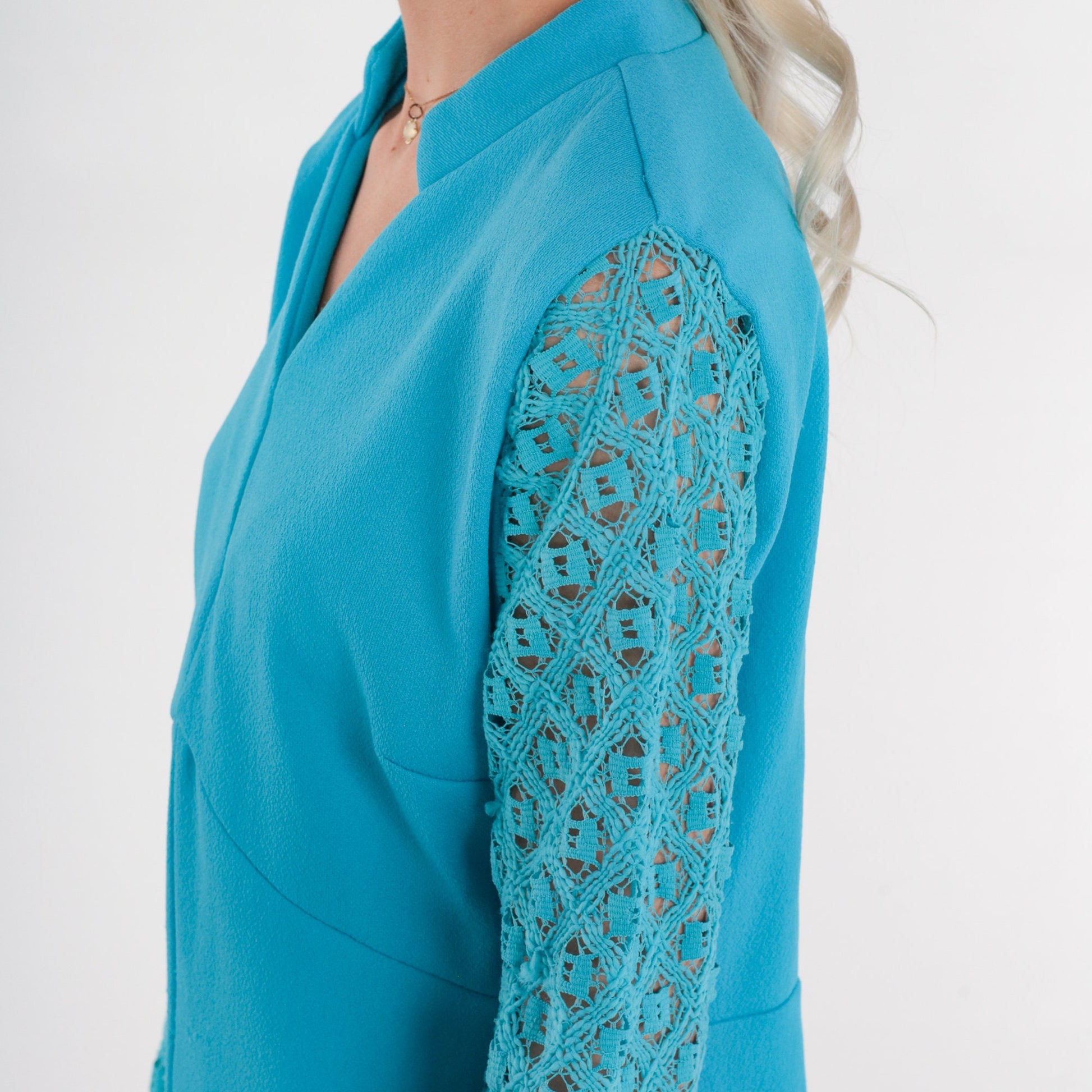 70s Blue Mini Dress Lace Sleeve Empire Waist Shift Dress Medium